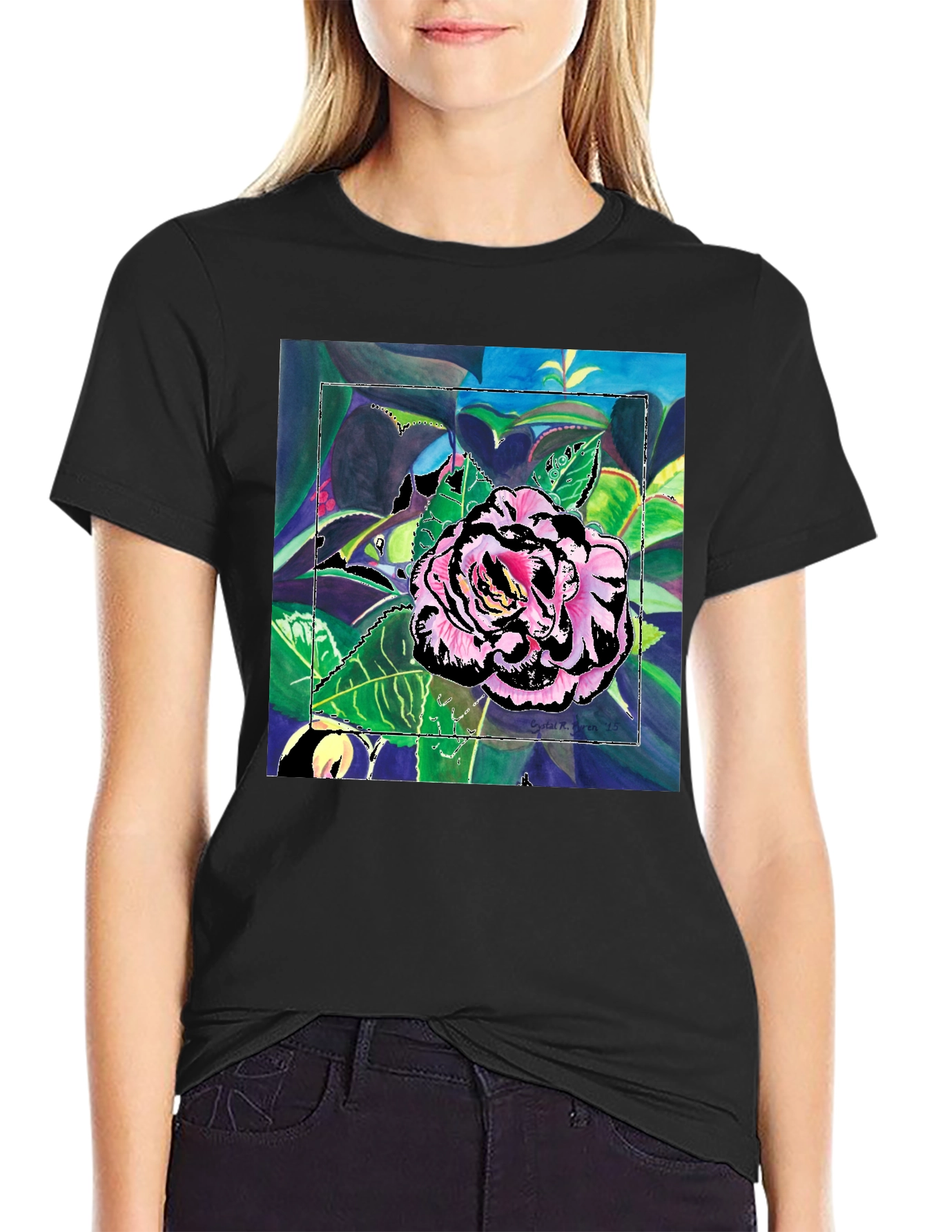Black Floral Art Print Black T-Shirt view 2