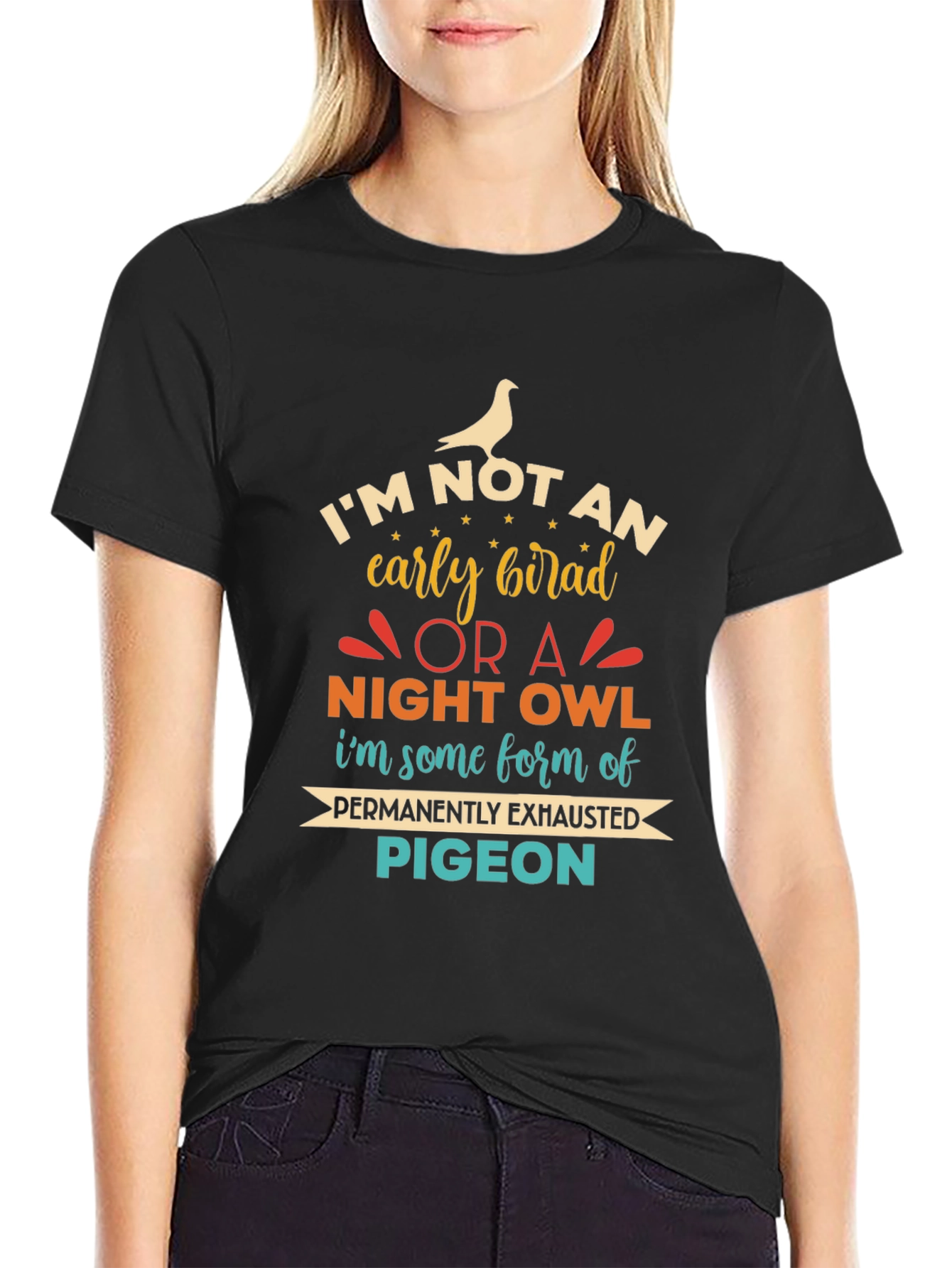 Black Funny Exhausted Pigeon Graphic T-Shirt view 2