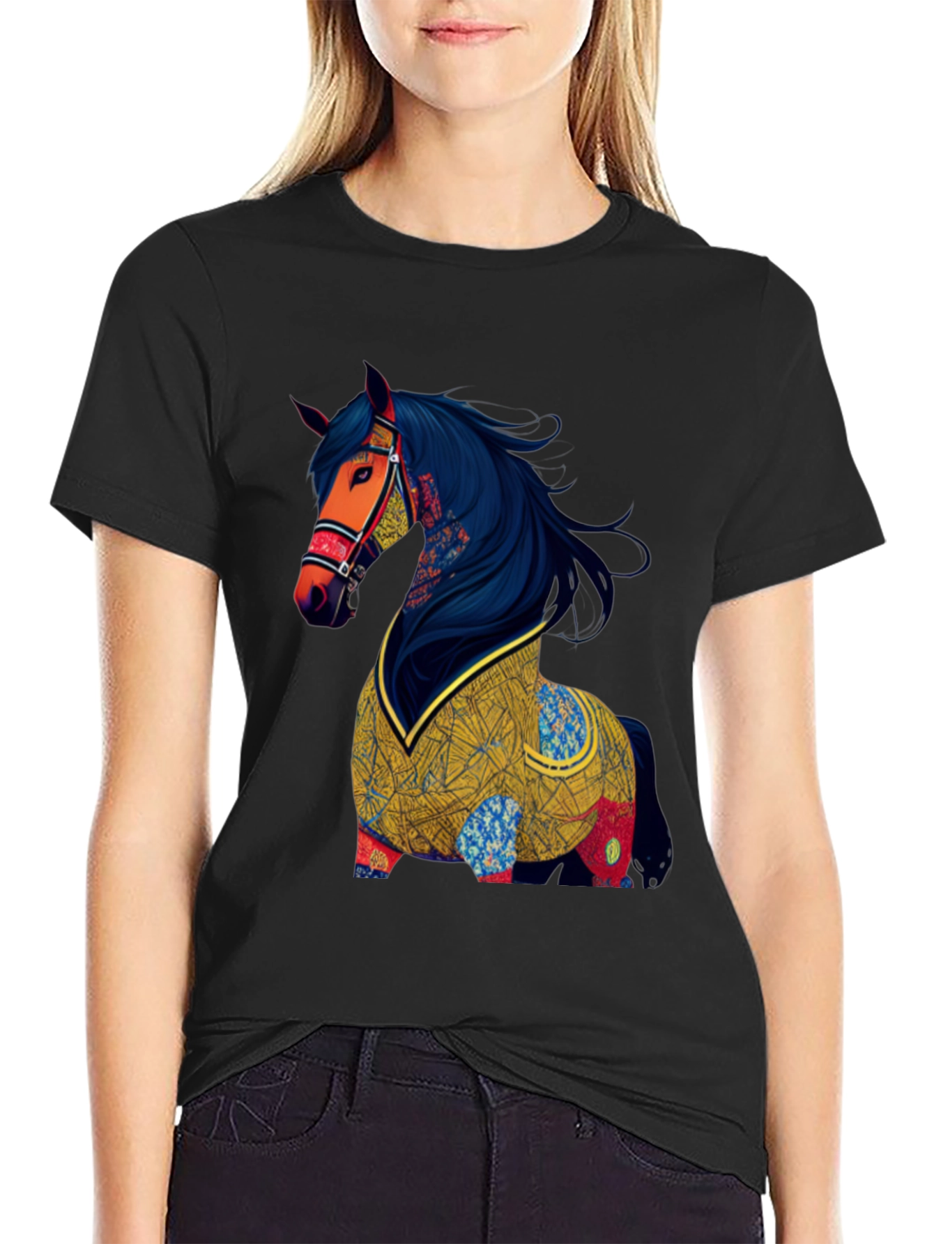Black Artistic Horse Graphic T-Shirt view 2