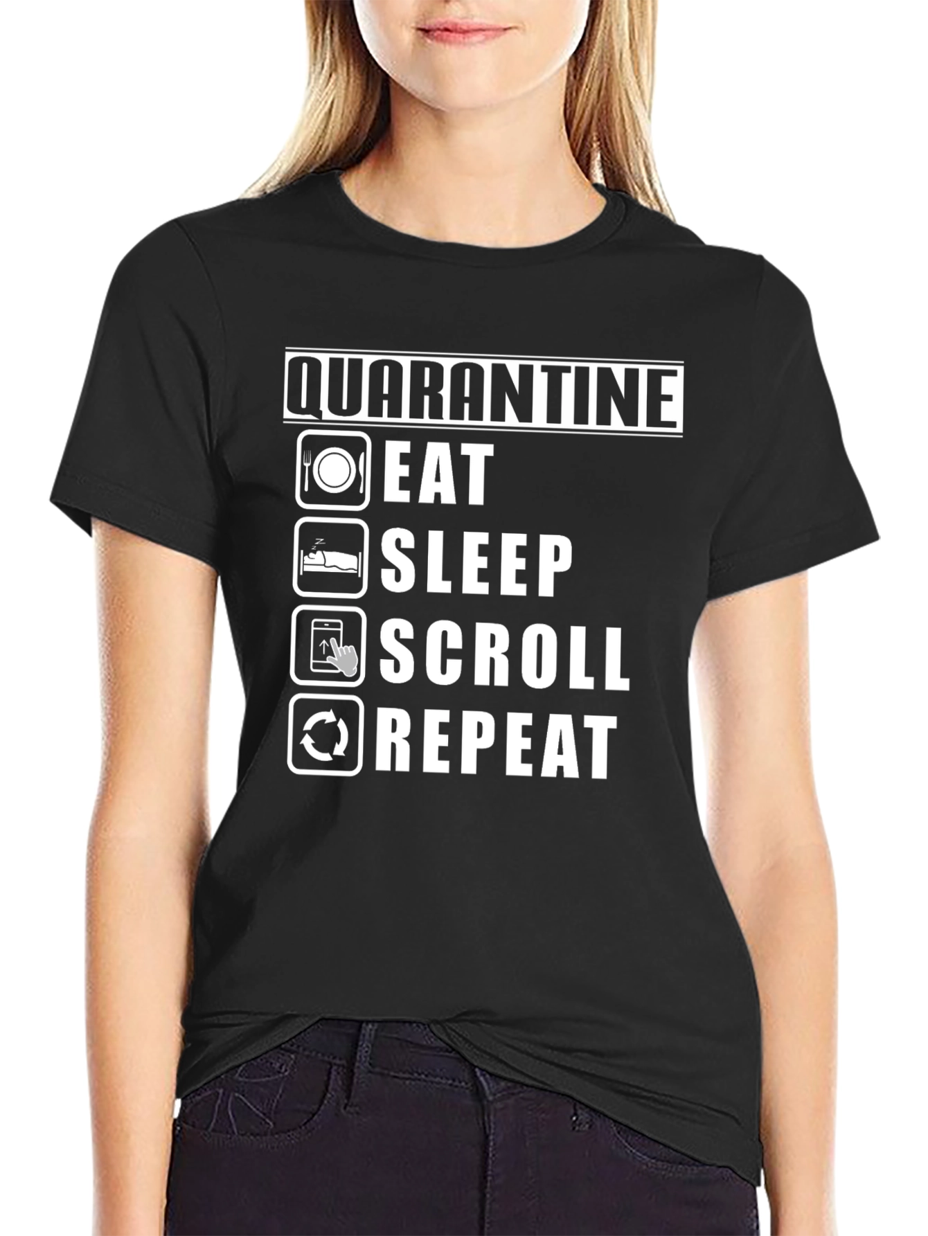 Black Quarantine Eat Sleep Scroll Repeat T-Shirt - Stay Home Edition view 2