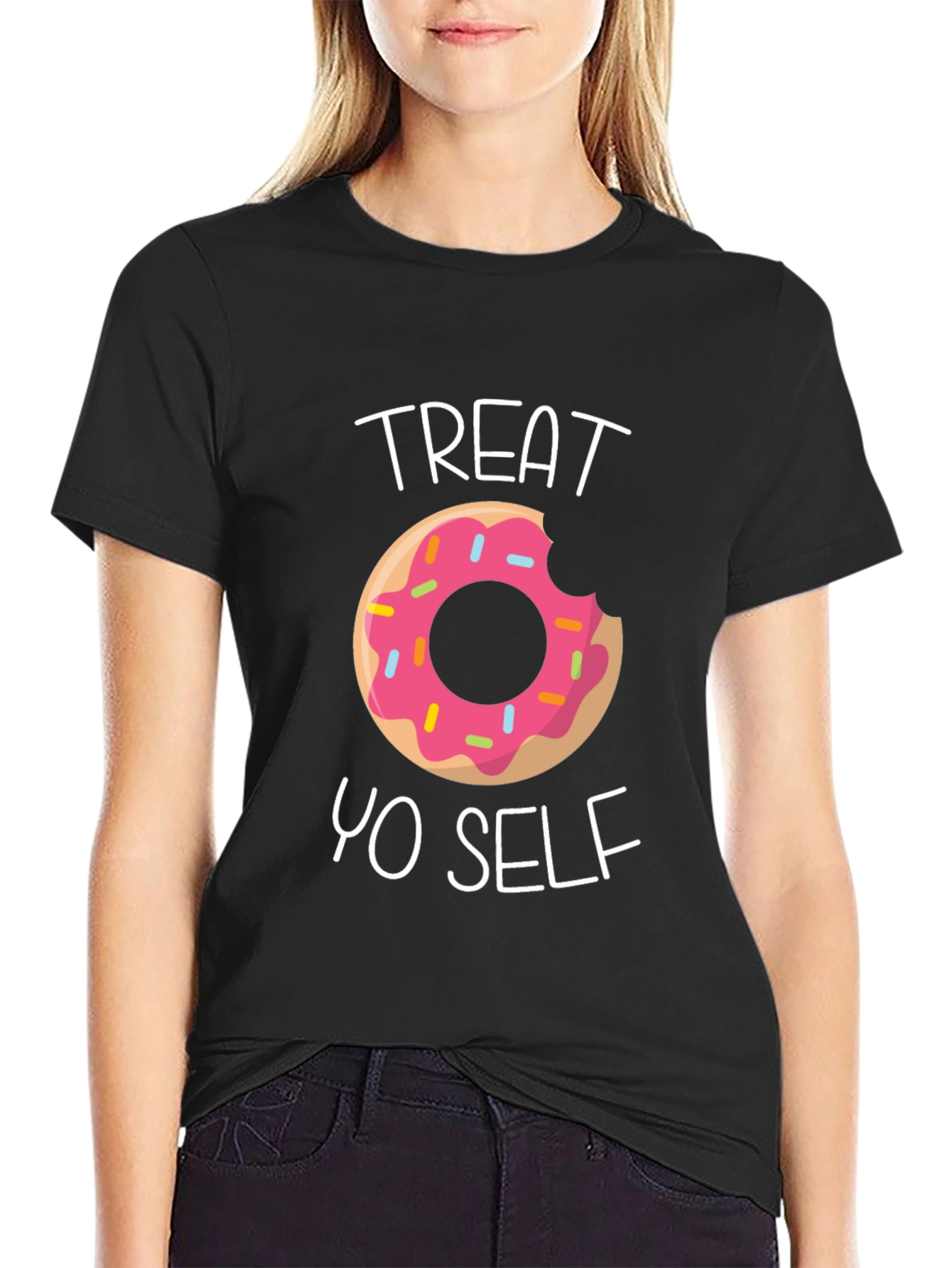 Black Treat Yo Self Donut T-Shirt - Funny Graphic Tee view 2