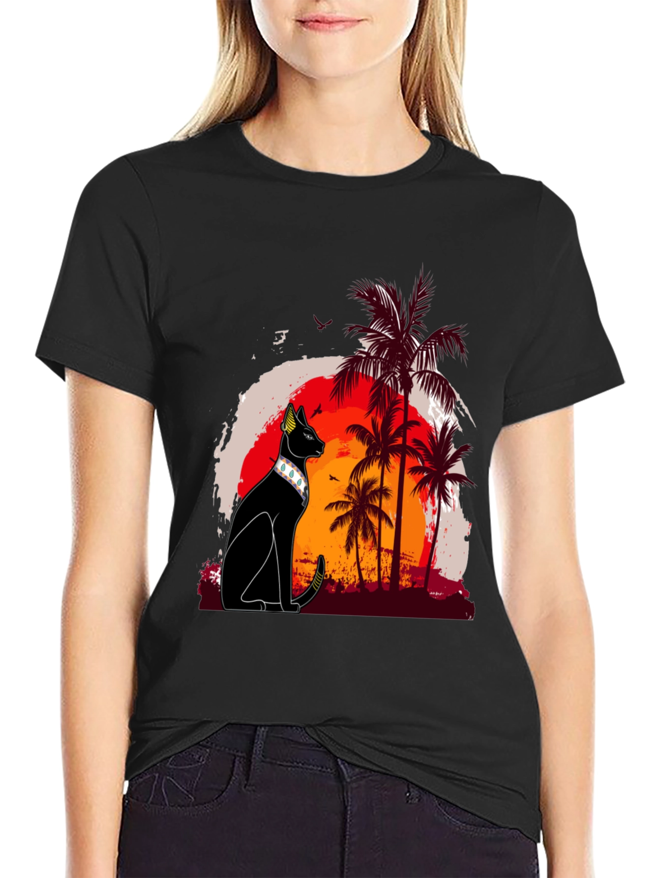 Black Egyptian Cat Palm Sunset Graphic Tee view 2