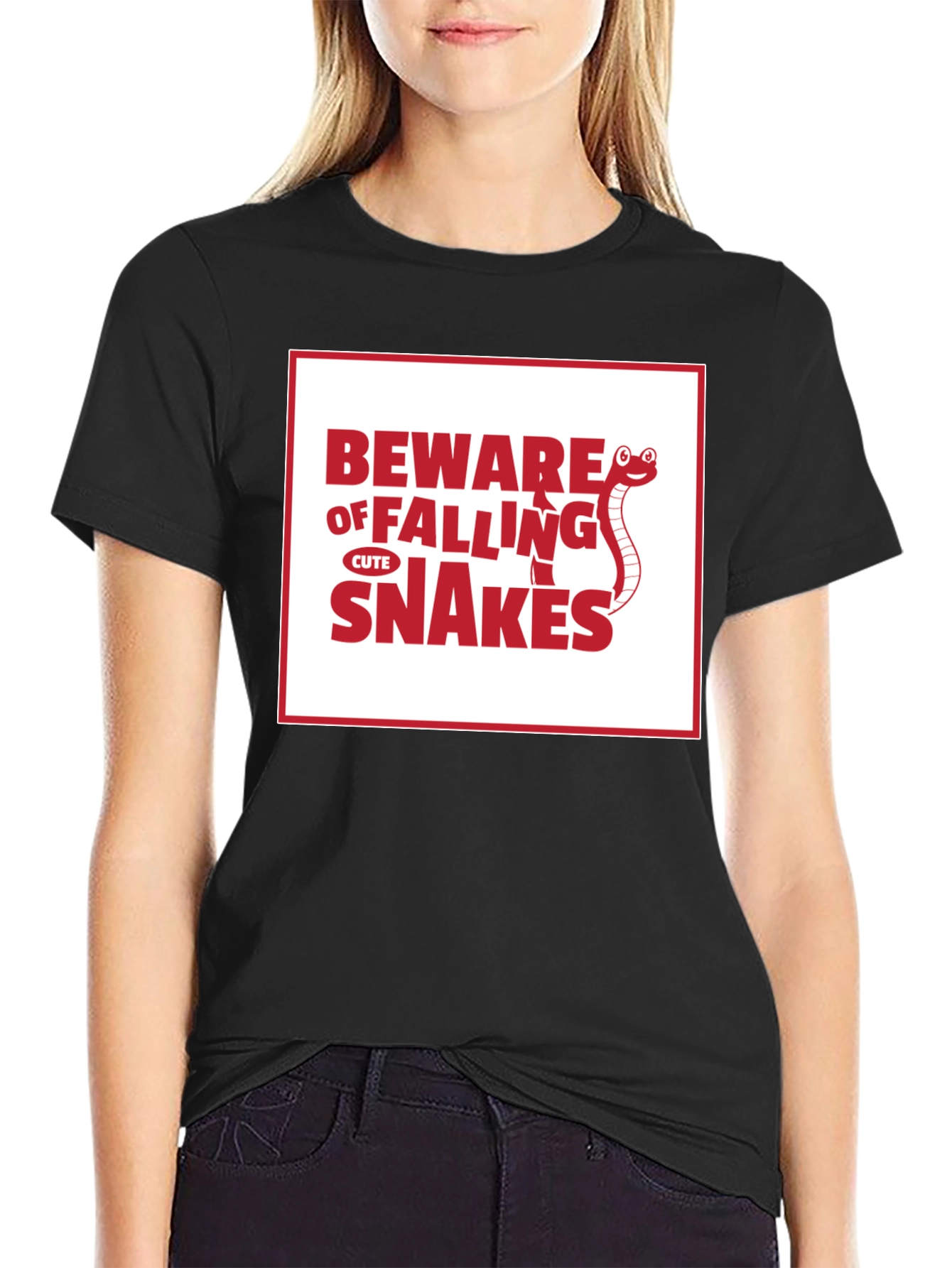 Black Beware of Falling Cute Snakes Graphic T-Shirt view 2