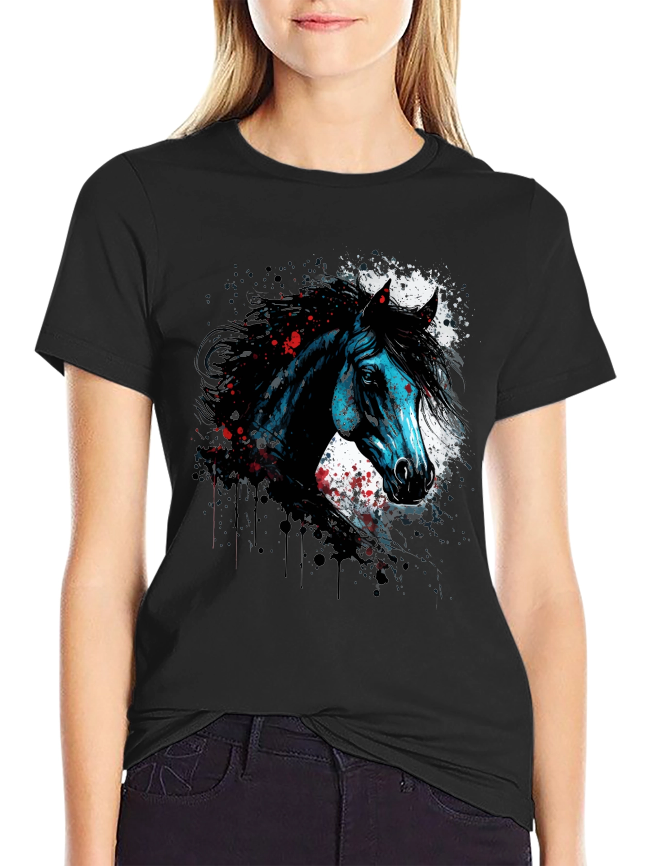 Black Horse Graphic Print T-Shirt, Men's Black Tee view 2