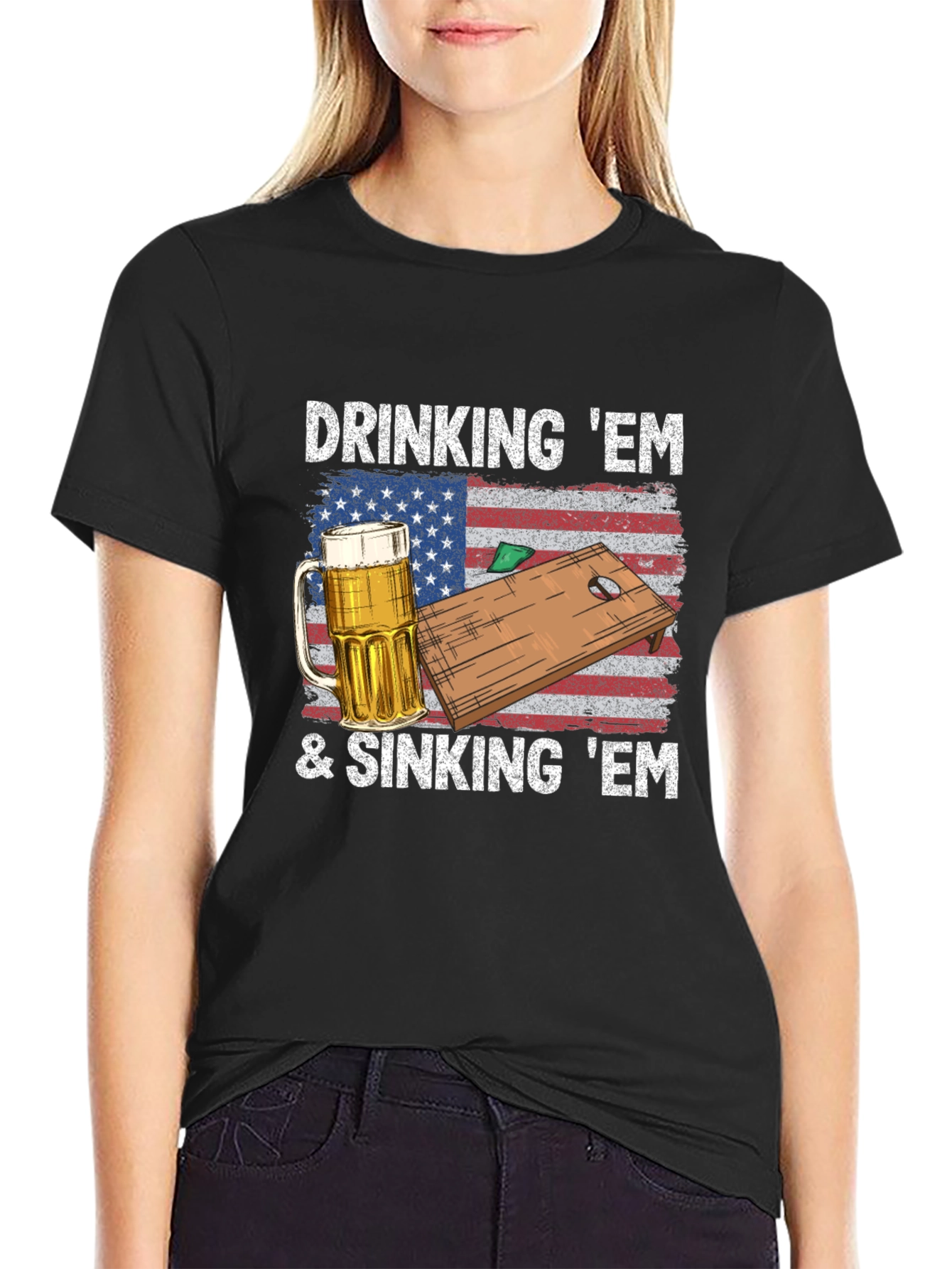 Black Drinking & Sinking 'Em Cornhole T-Shirt view 2