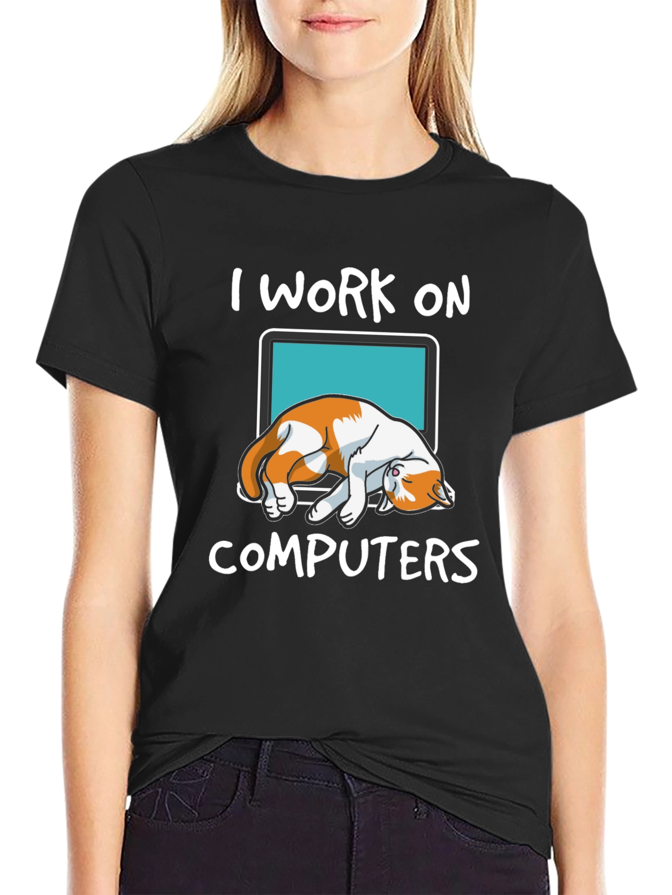 Black I Work On Computers Cat Graphic T-Shirt view 2