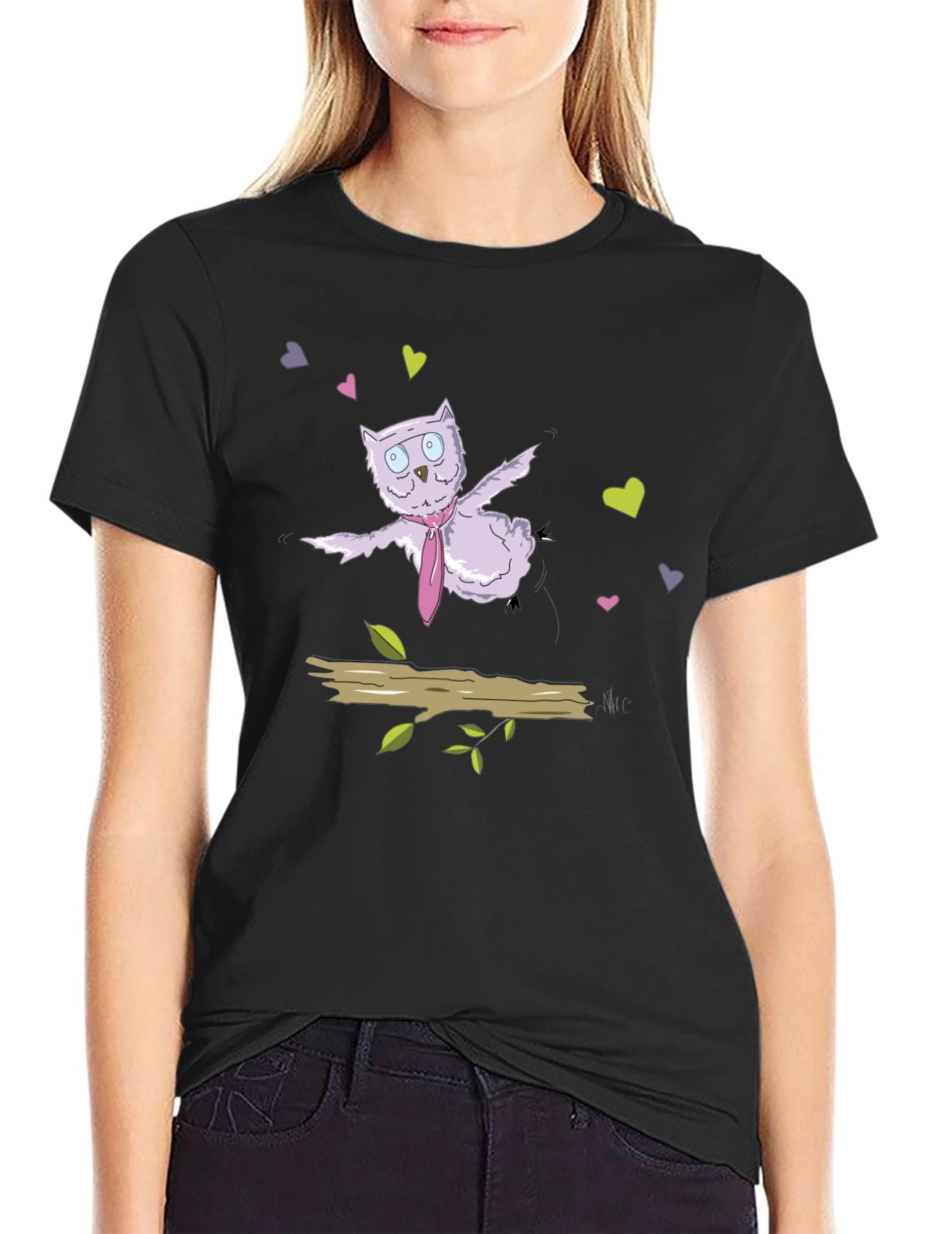 Black Cute Cartoon Owl T-Shirt view 2