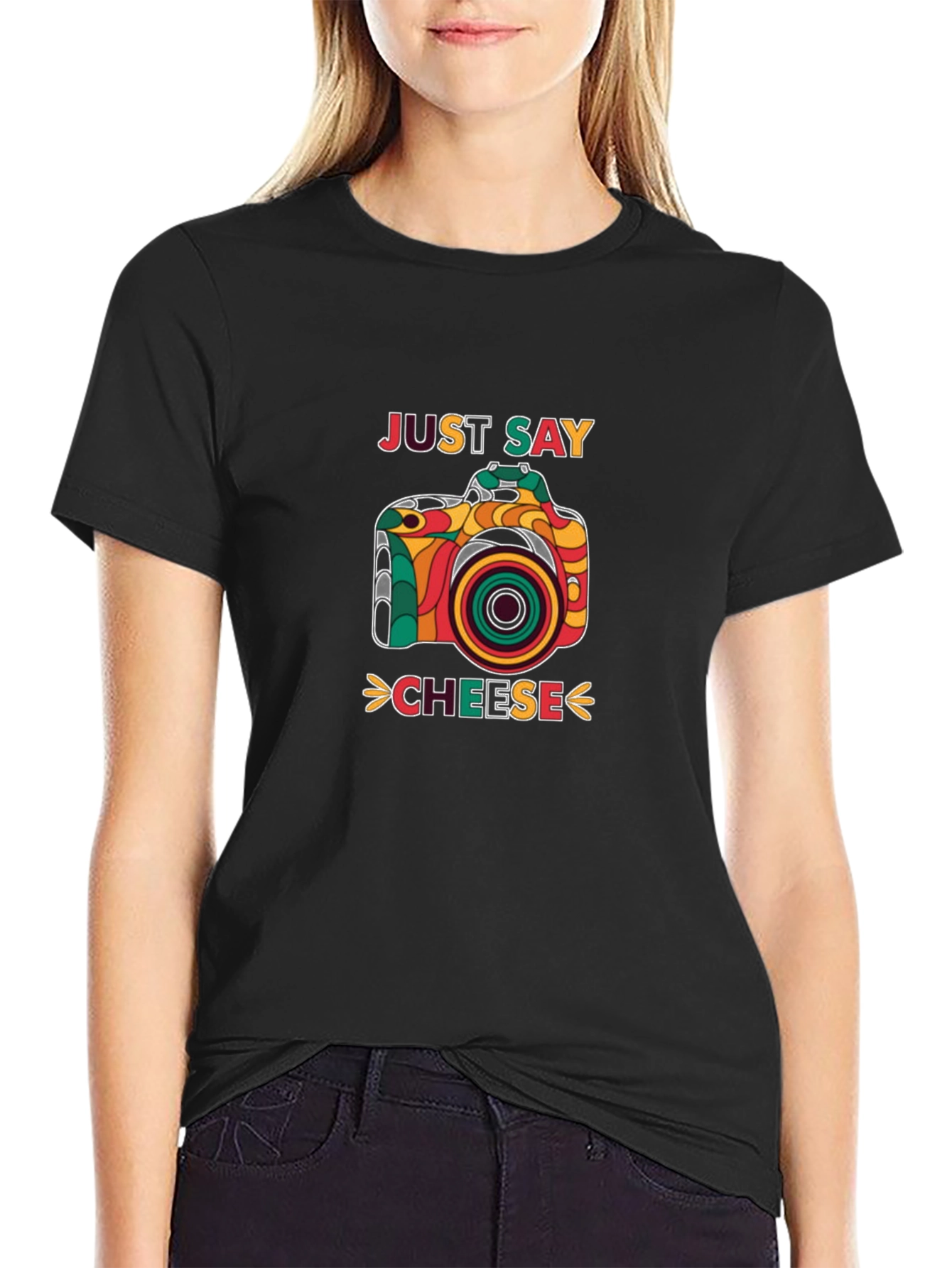 Black Just Say Cheese Retro Camera Graphic T-Shirt view 2