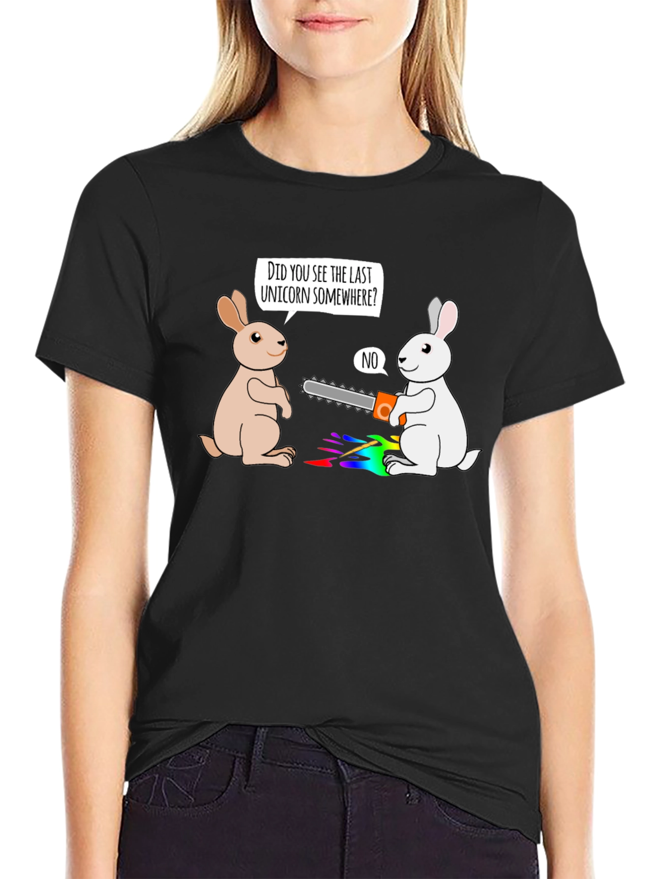 Black Funny Unicorn Rabbit Chainsaw Graphic Tee view 2