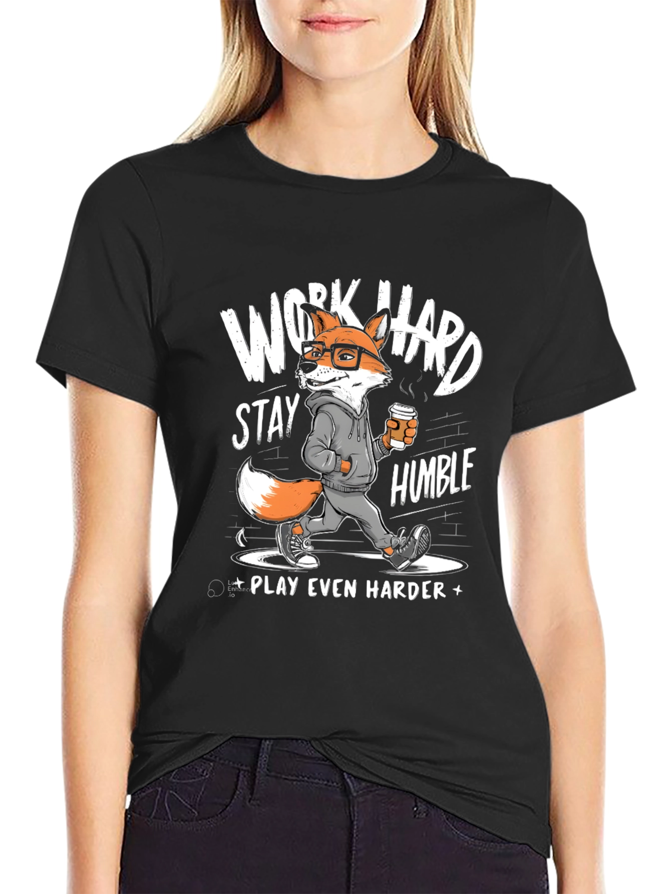 Black Work Hard Stay Humble Fox Graphic Tee view 2