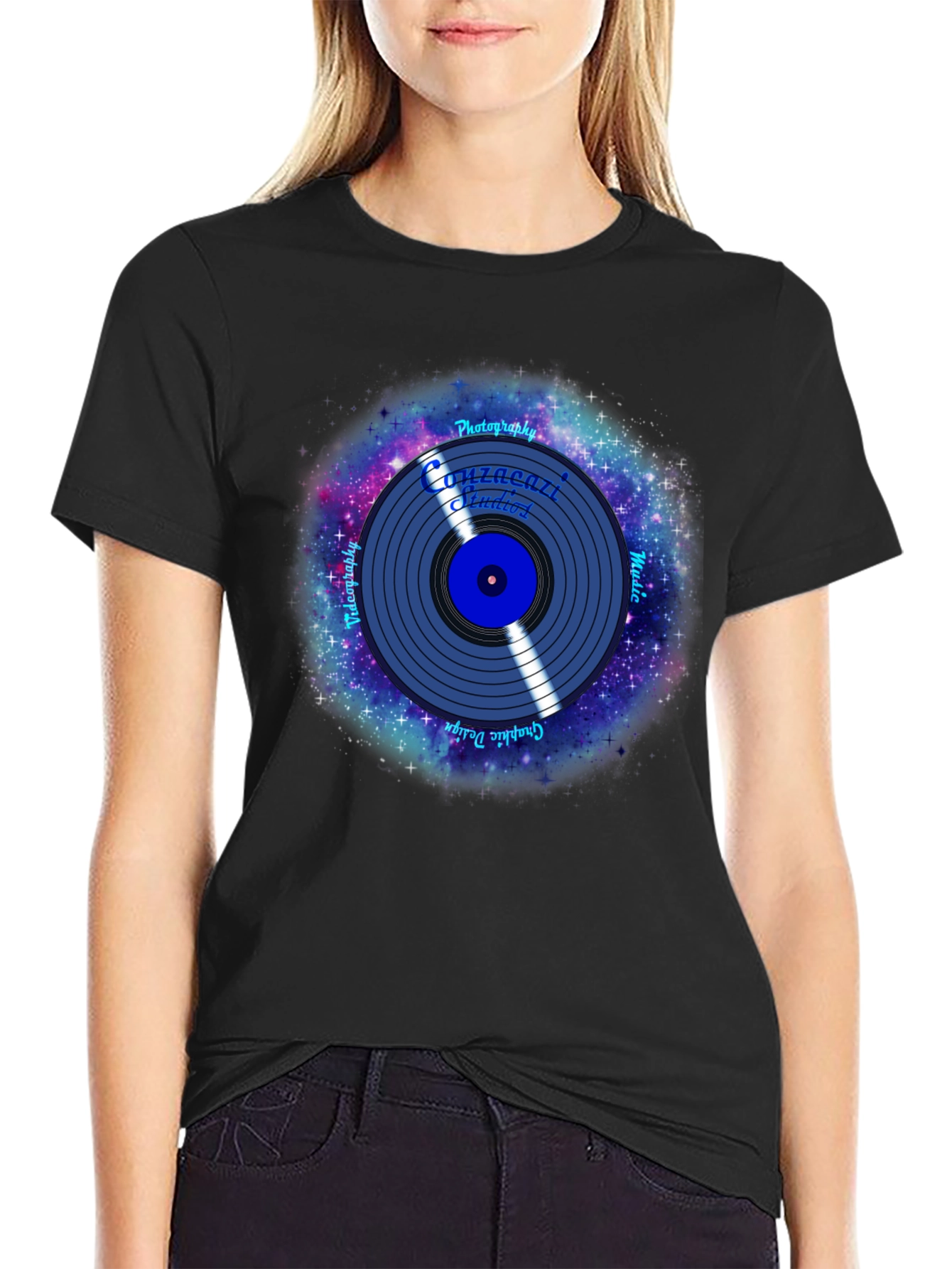 Black Galaxy Vinyl Record Graphic T-Shirt view 2