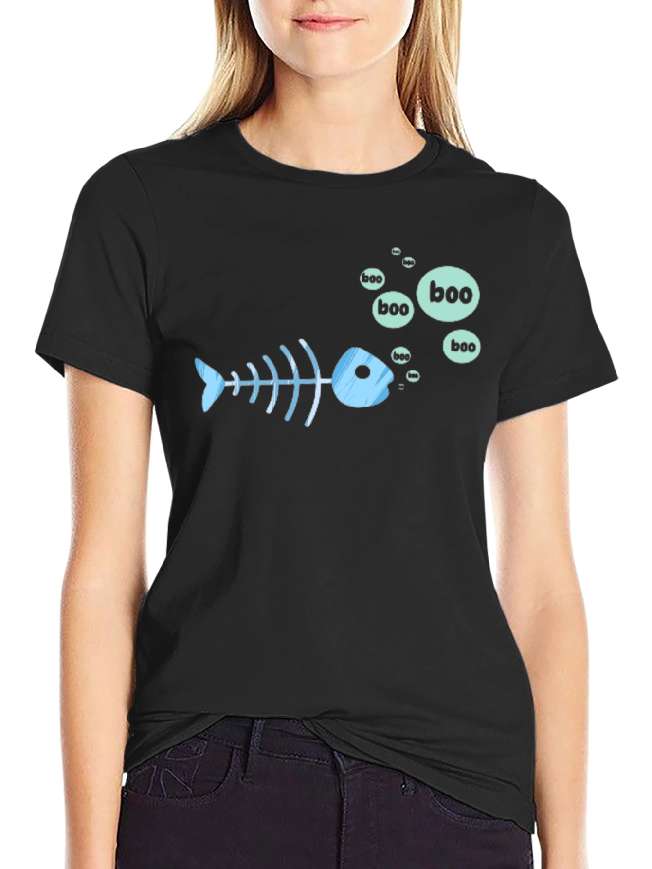 Black Boo Fish Skeleton Graphic Tee - Black view 2