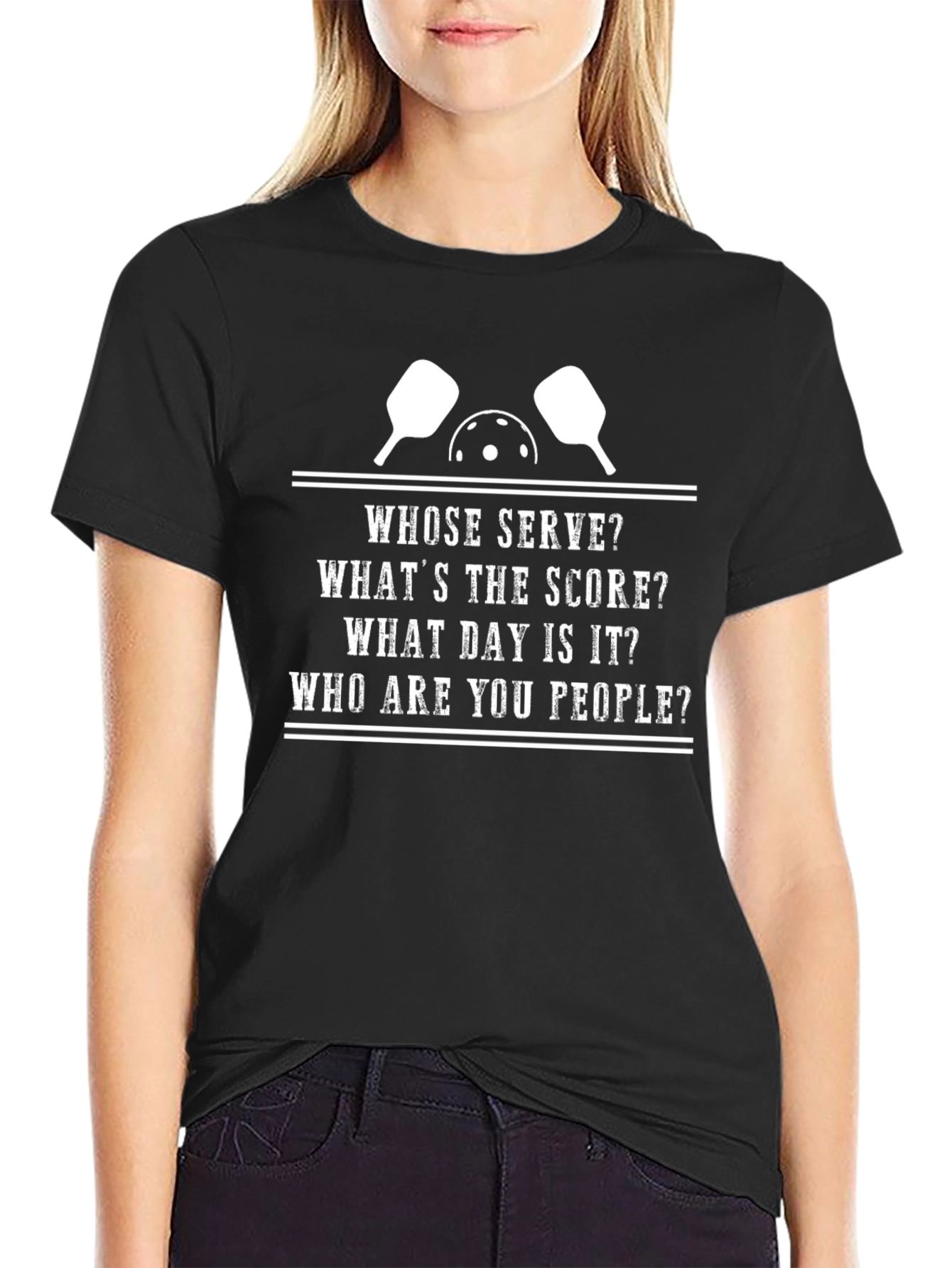 Black Pickleball T-Shirt: Whose Serve? Funny Pickleball Gift view 2