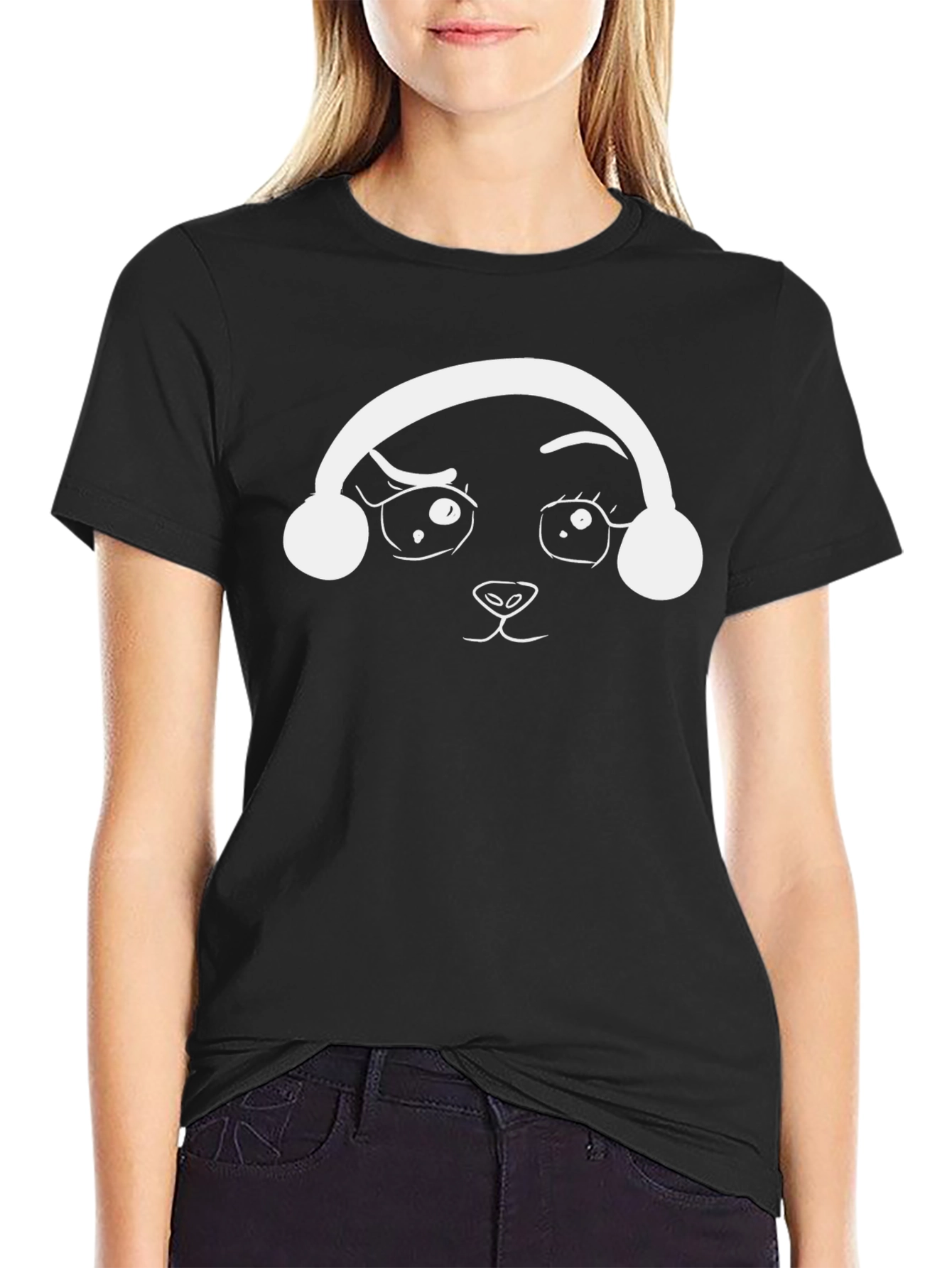 Black Cute Animal with Headphones Graphic T-Shirt view 2