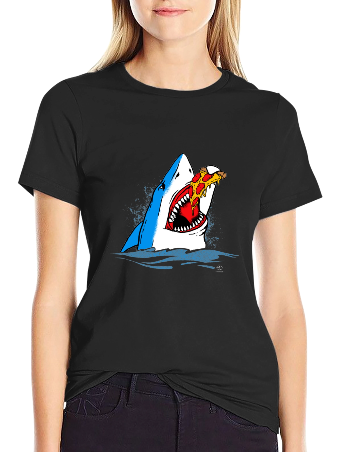 Black Shark Eating Pizza Graphic Tee - Novelty T-Shirt view 2