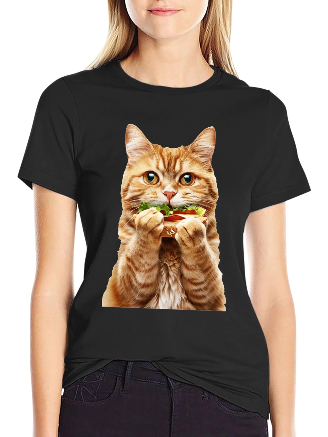 Black Cat Eating Sandwich Graphic Tee view 2