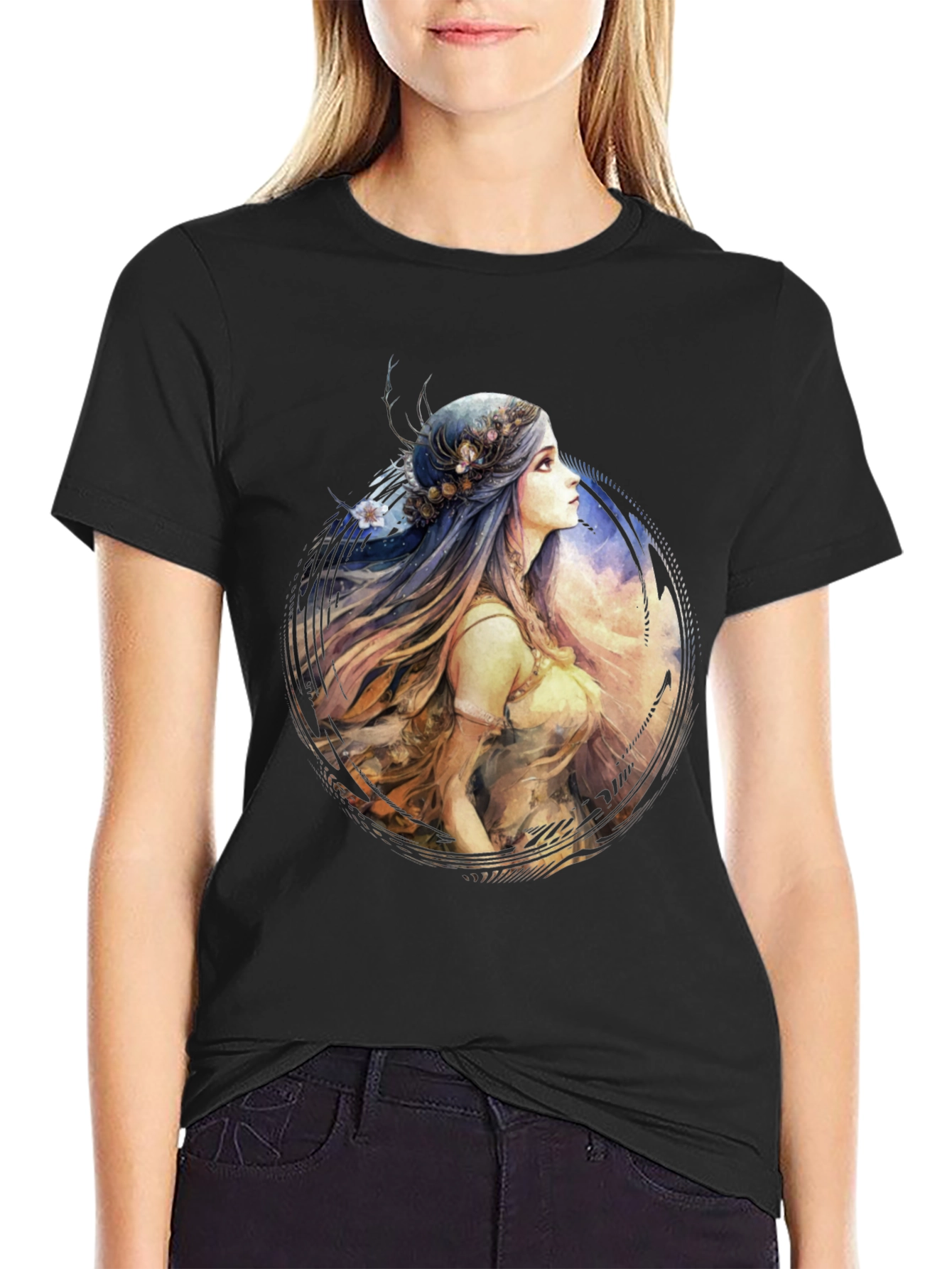 Black Watercolor Woman Portrait Black T-Shirt view 2