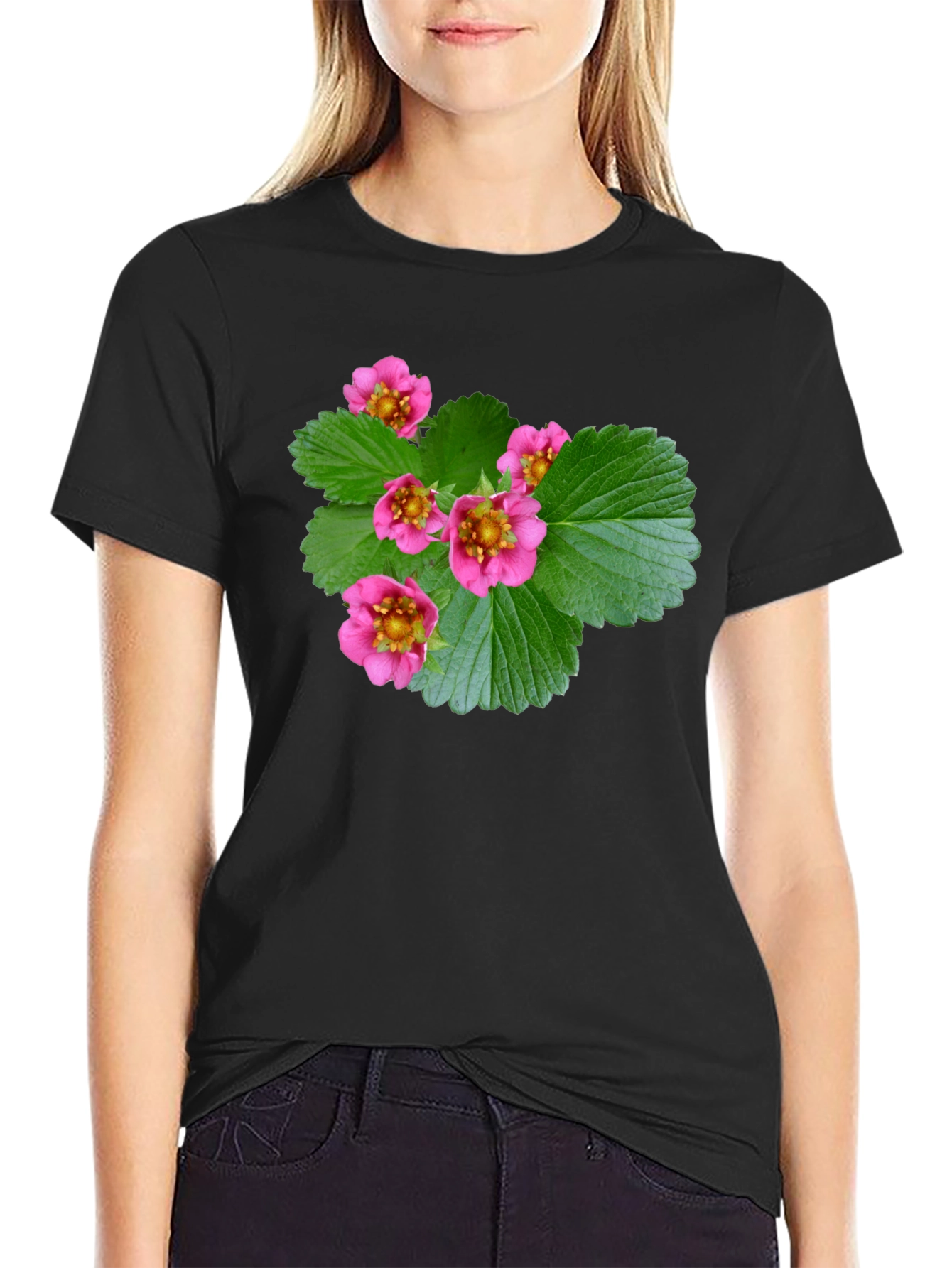 Black Floral Print Black T-Shirt - Nature Inspired Design view 2