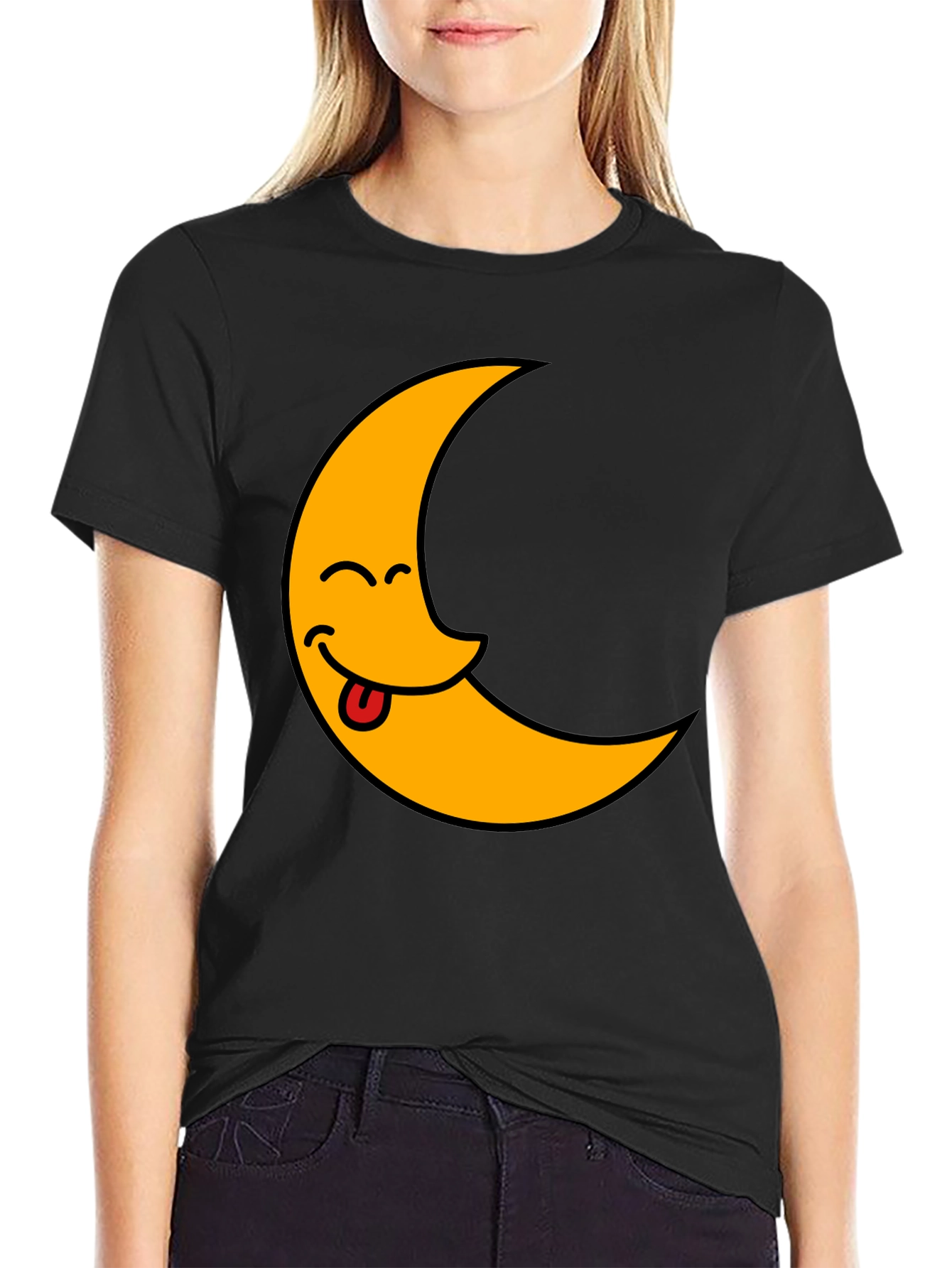 Black Funny Crescent Moon Tongue T-Shirt view 2