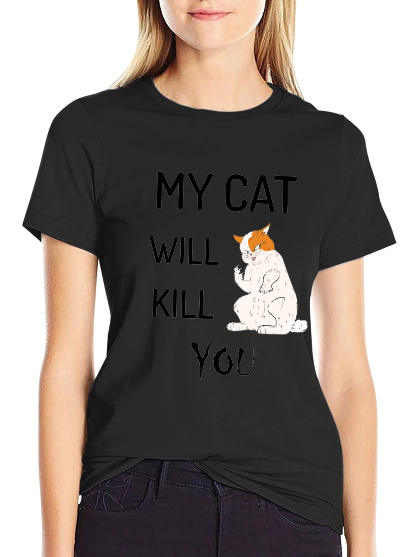 Black My Cat Will Kill You T-Shirt, Funny Cat Tee view 2