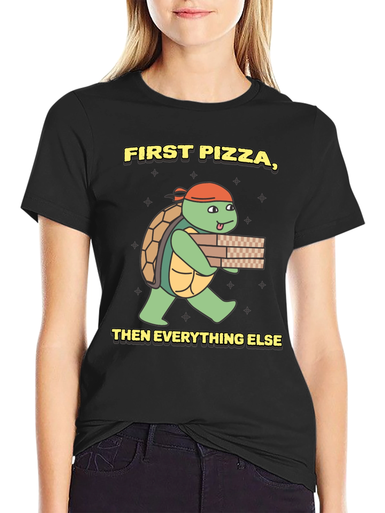 Black First Pizza Then Everything Else Turtle T-Shirt view 2
