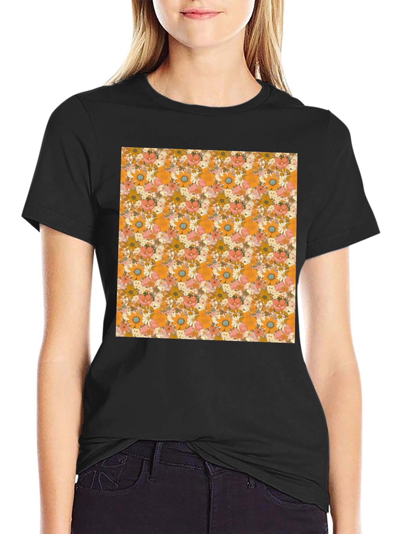 Black Retro Floral Print T-Shirt - Black Crew Neck Tee view 2