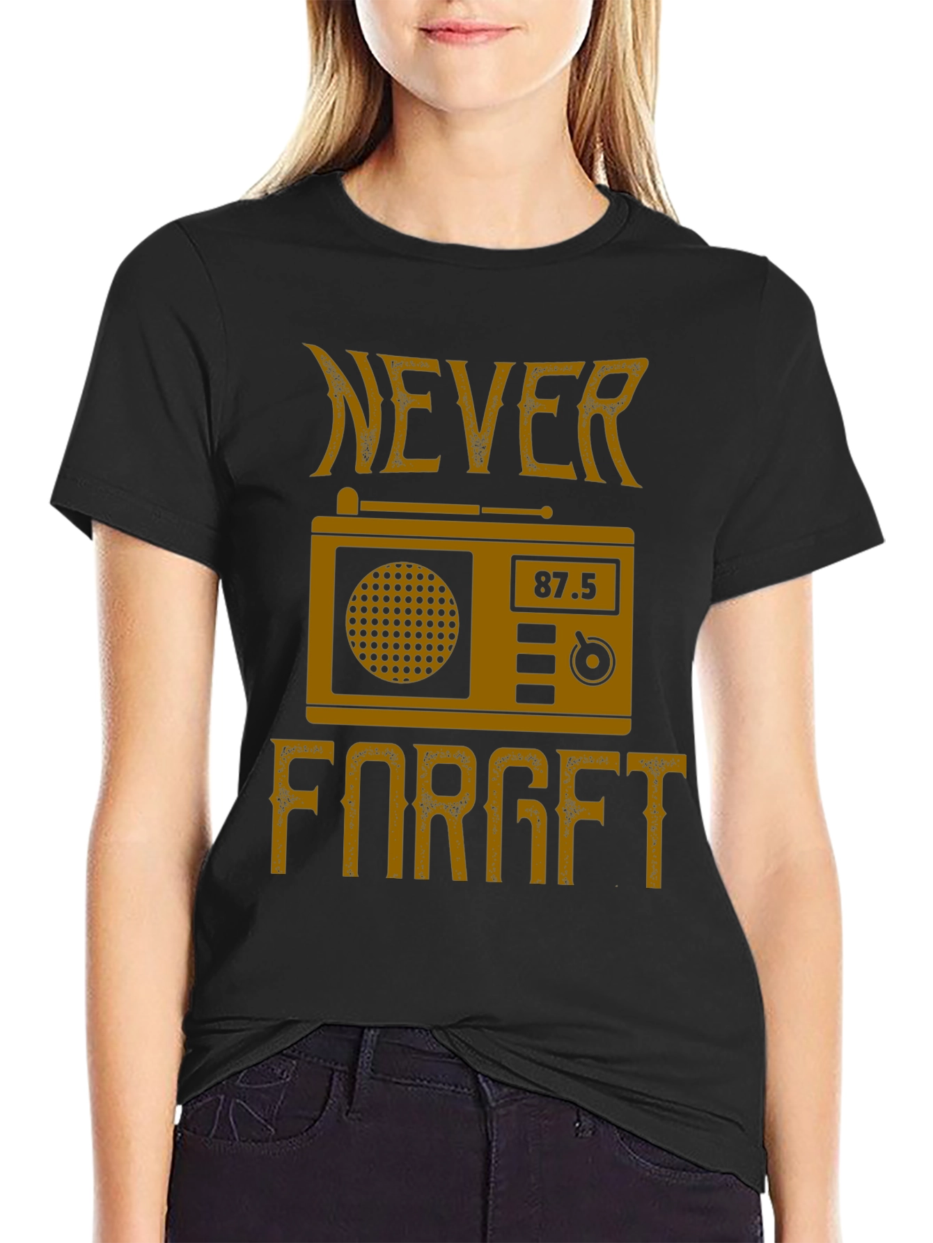 Black Retro Radio 'Never Forget' Graphic T-Shirt view 2