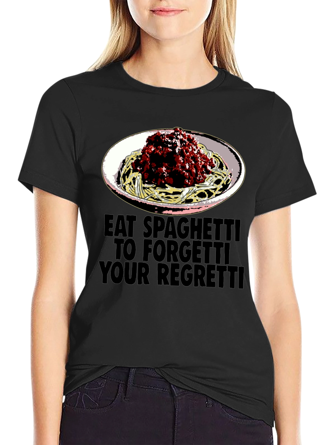 Black Eat Spaghetti T-Shirt: Forget Your Regretti Fun Tee view 2