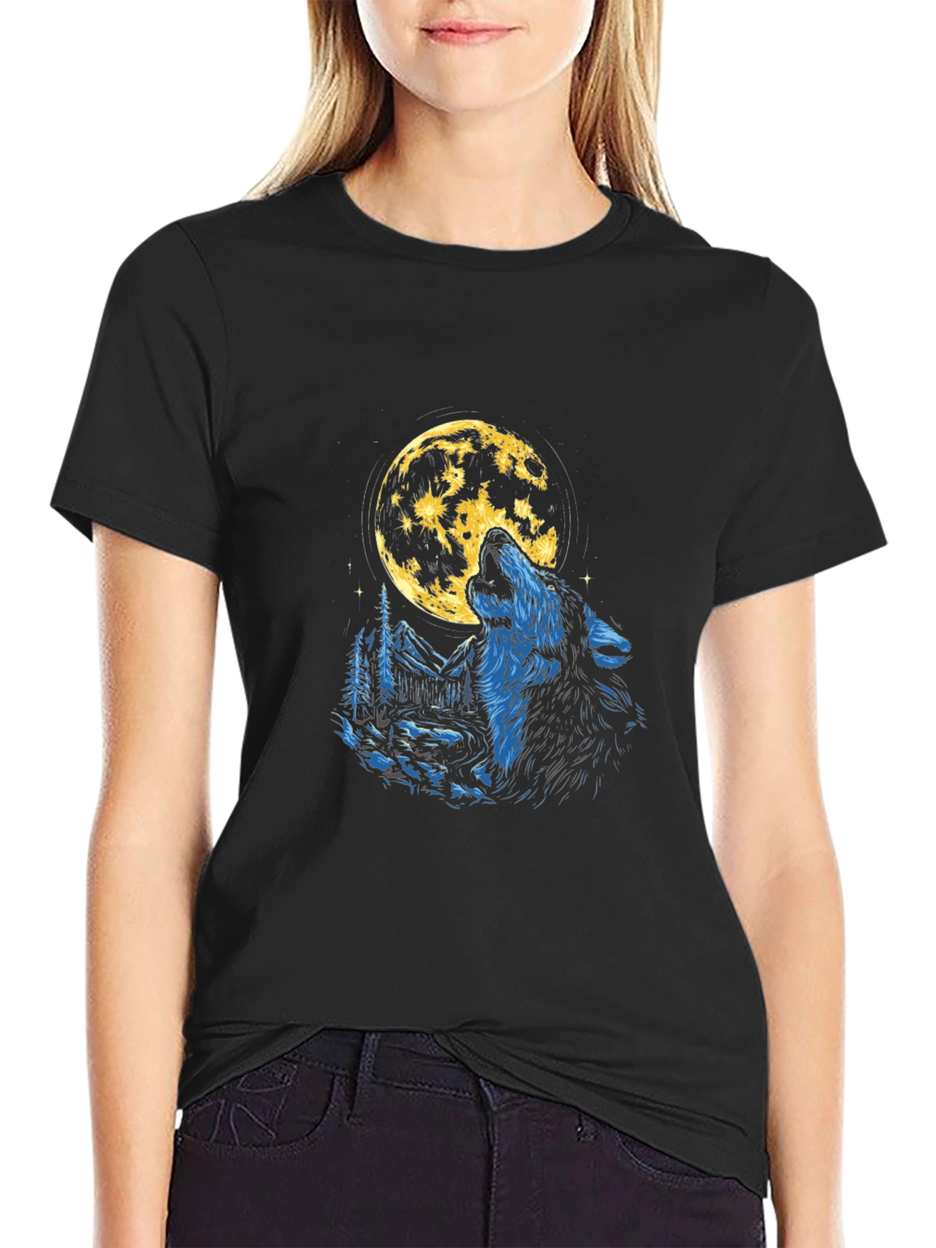 Black Wolf Moon Graphic T-Shirt - Black Cotton Tee view 2