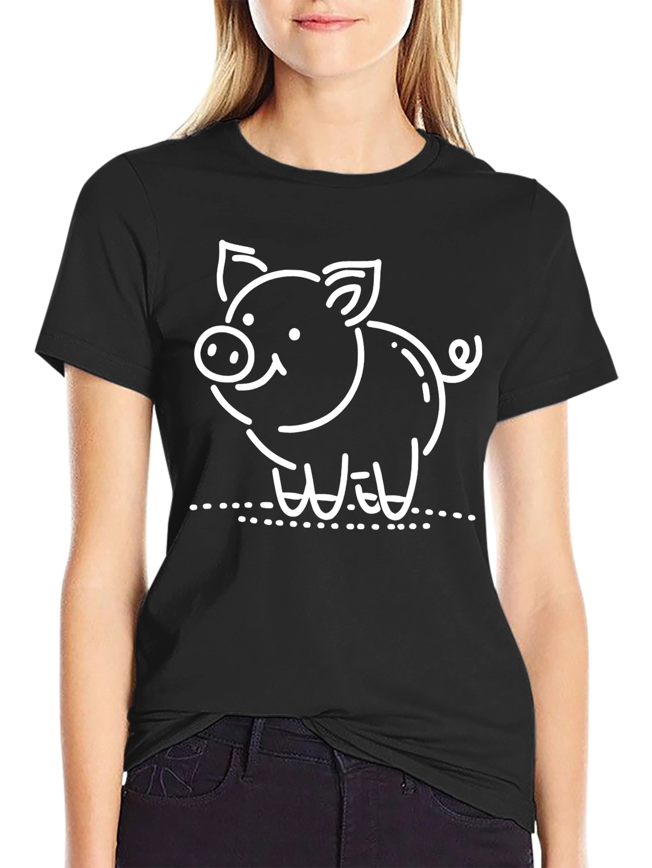 Black Cute Pig Graphic Black T-Shirt view 2