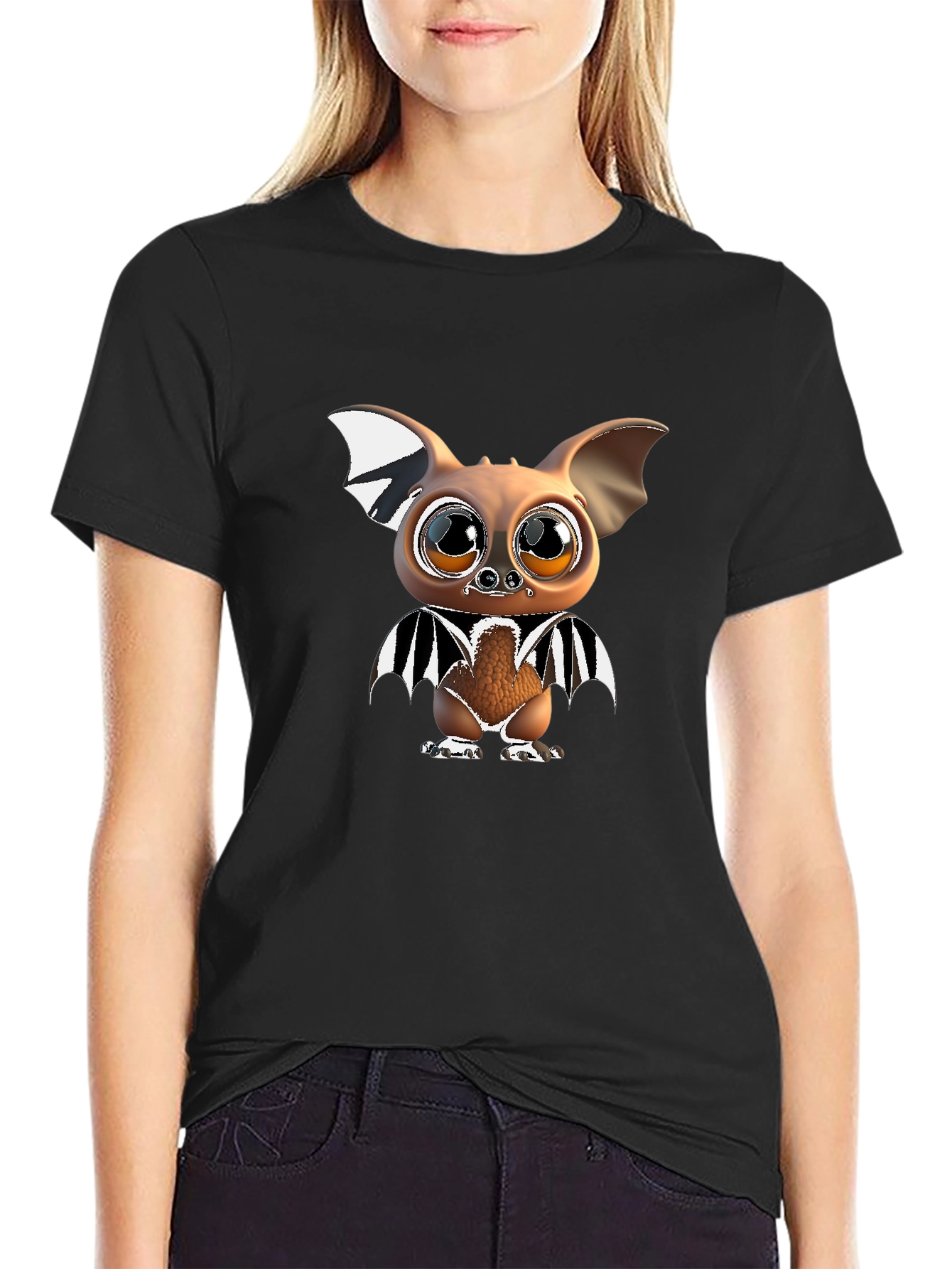 Black Cute Cartoon Bat Graphic Tee view 2