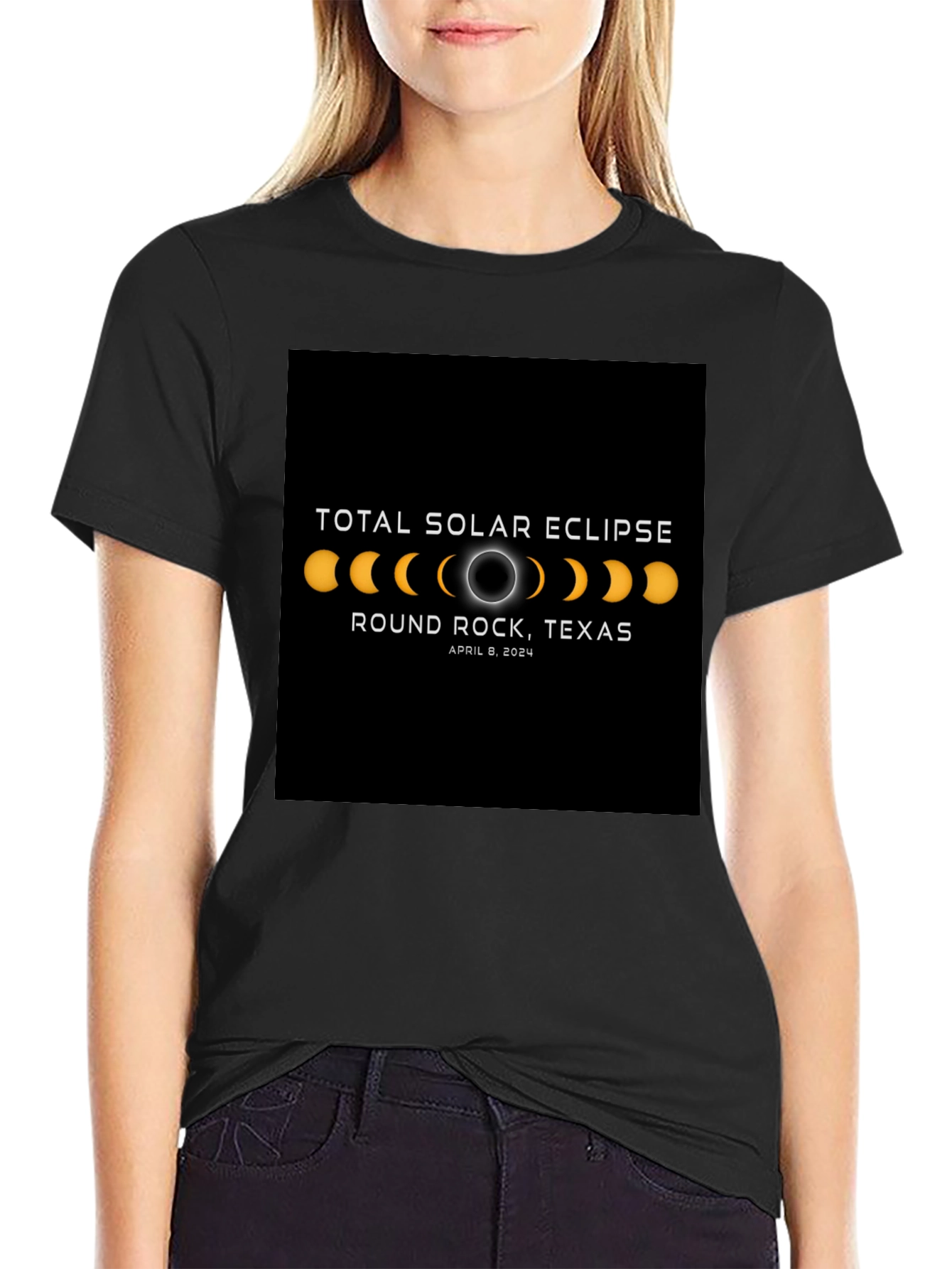 Black Total Solar Eclipse Round Rock Texas April 8 2024 Black T-Shirt view 2