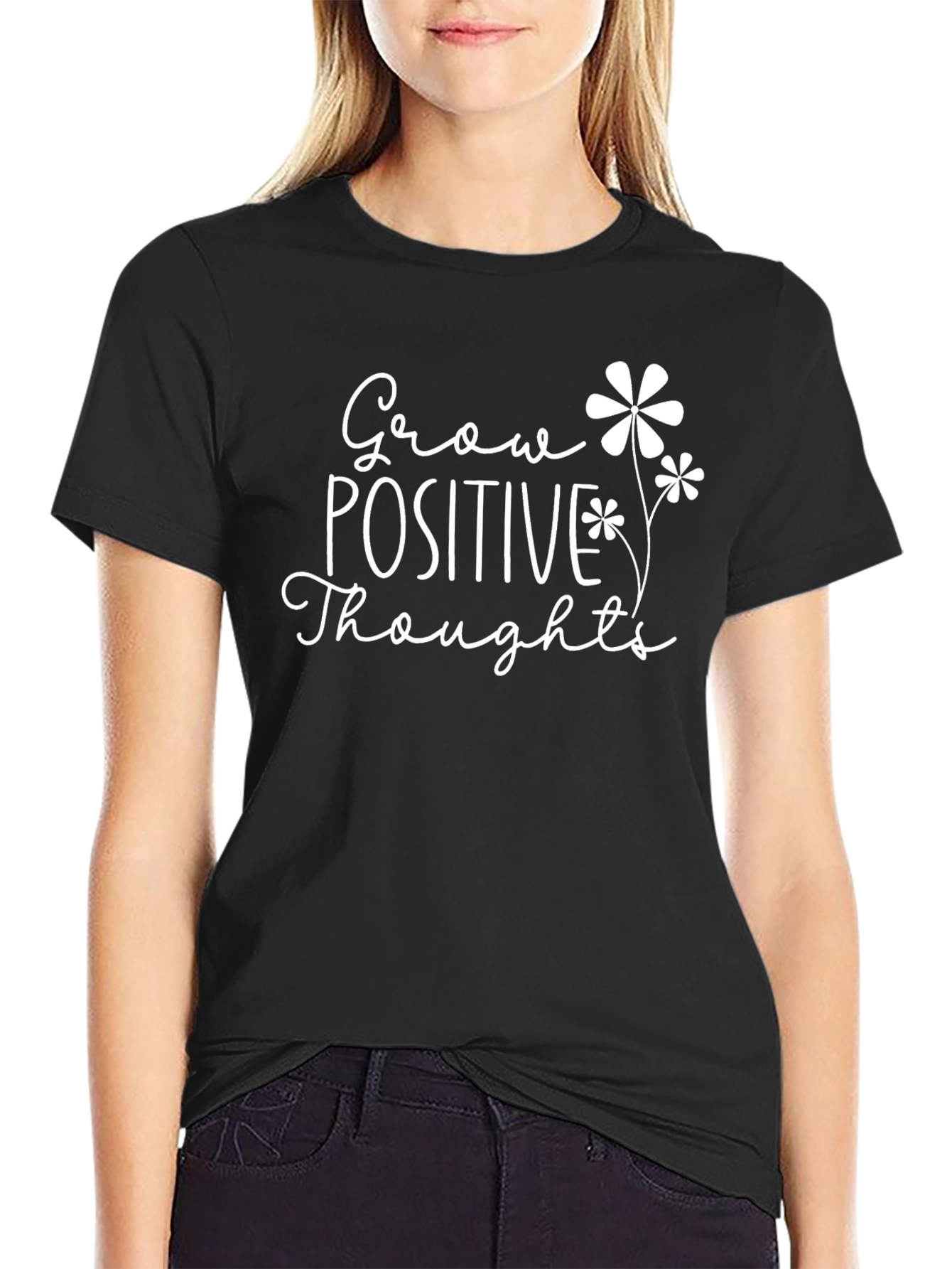 Black Grow Positive Thoughts Graphic Tee - Black Cotton T-Shirt view 2