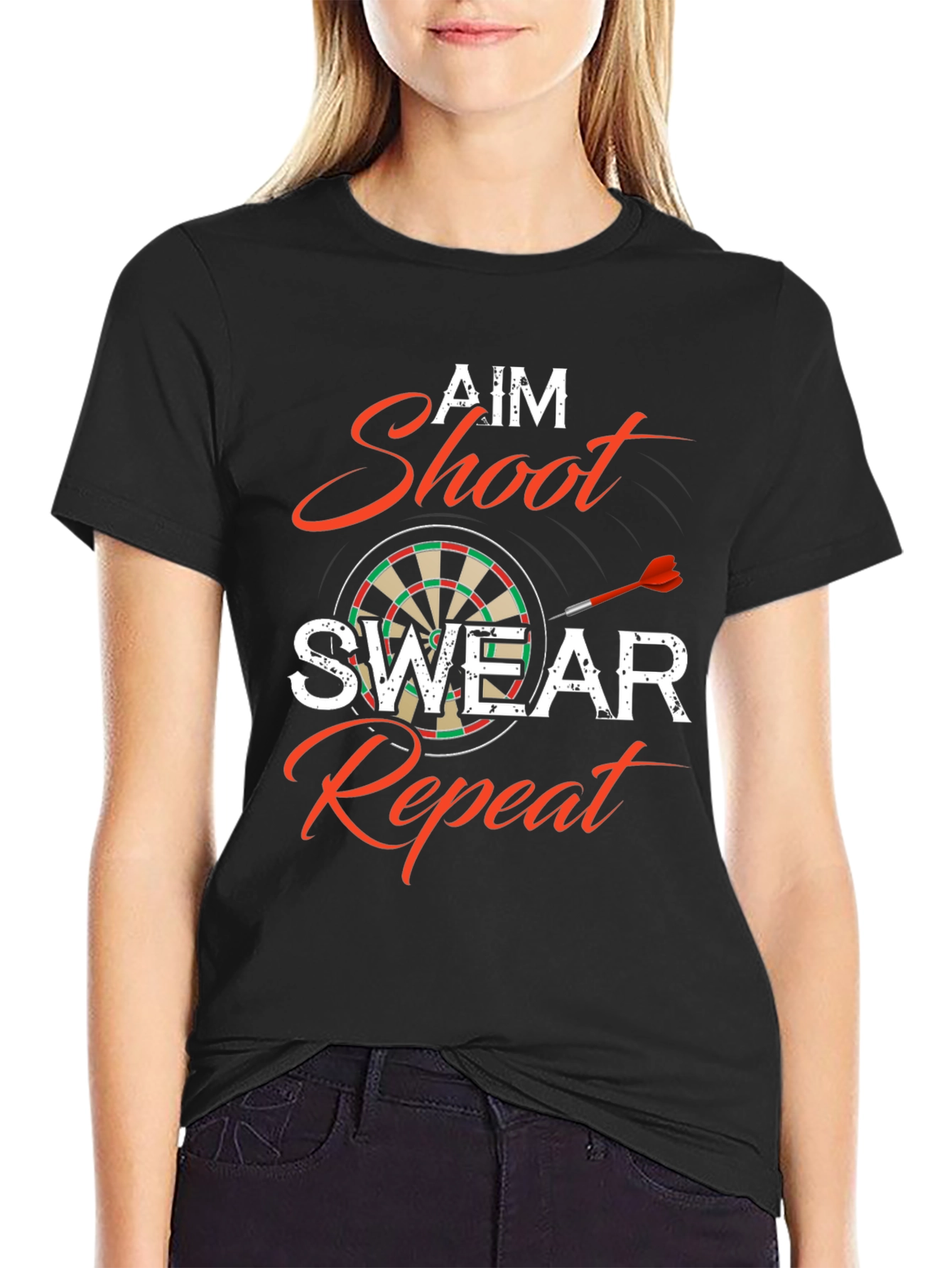 Black Aim Shoot Swear Repeat Dart T-Shirt view 2