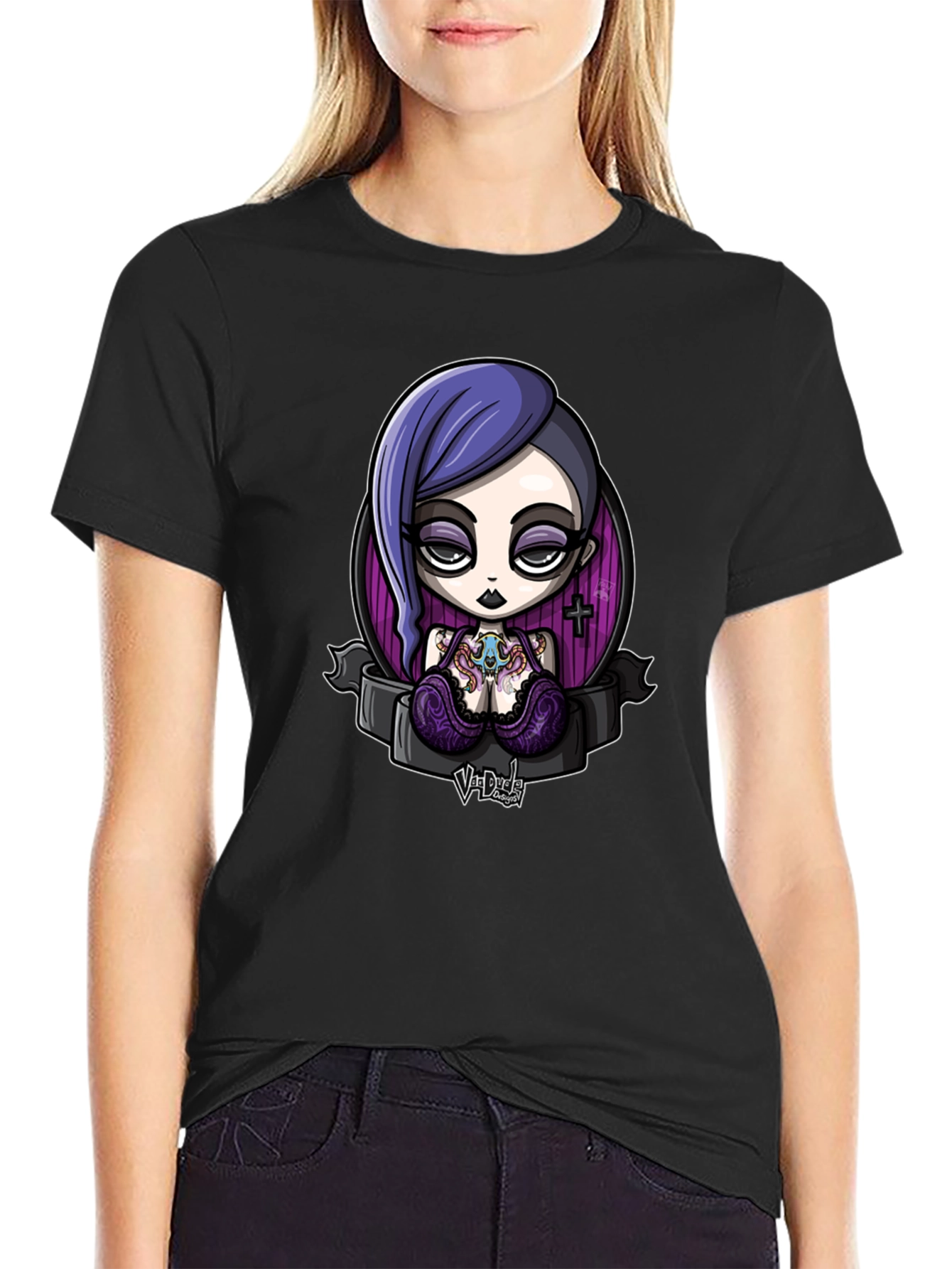 Black Gothic Cartoon Girl Graphic Black T-Shirt view 2