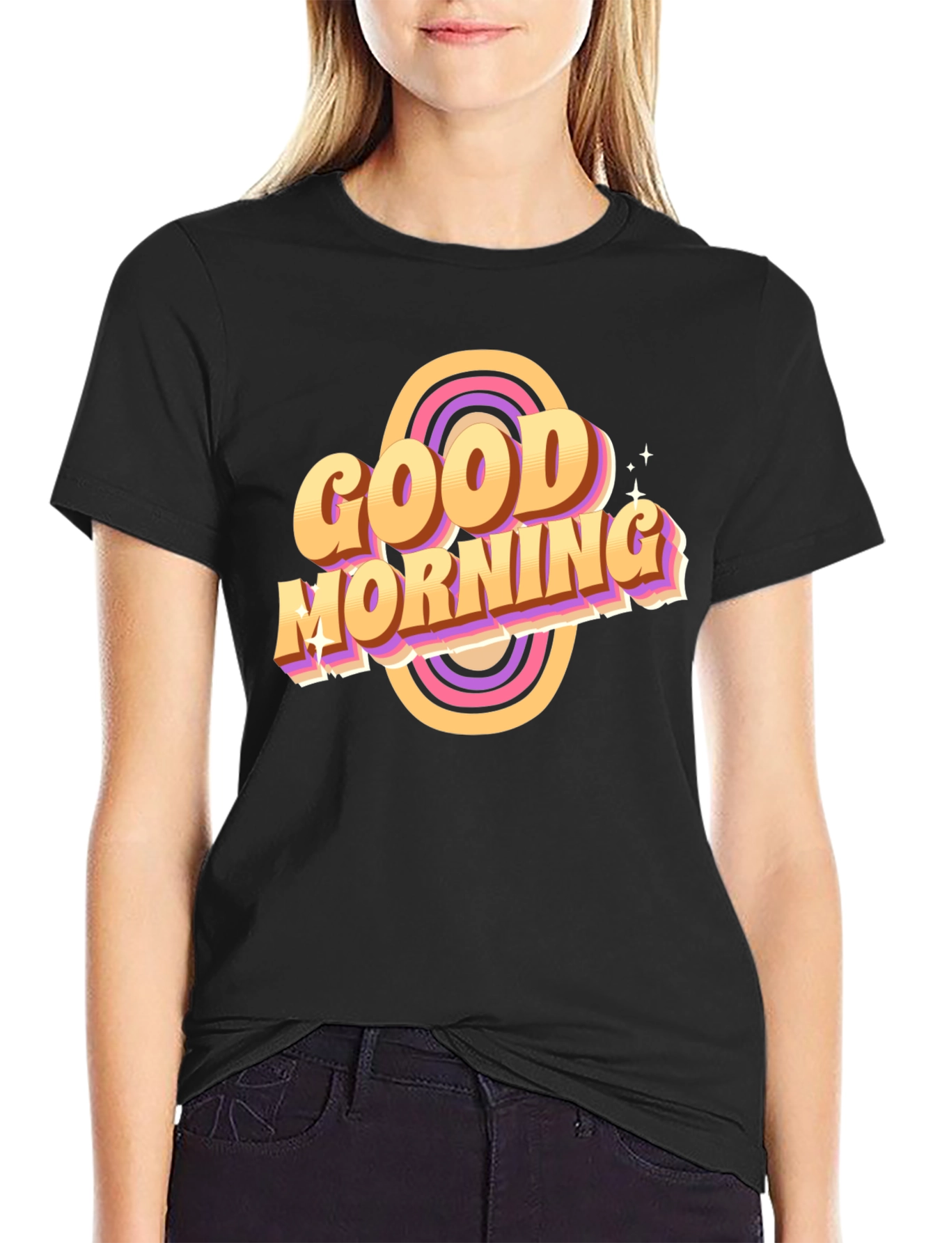 Black Good Morning Retro T-Shirt Black view 2