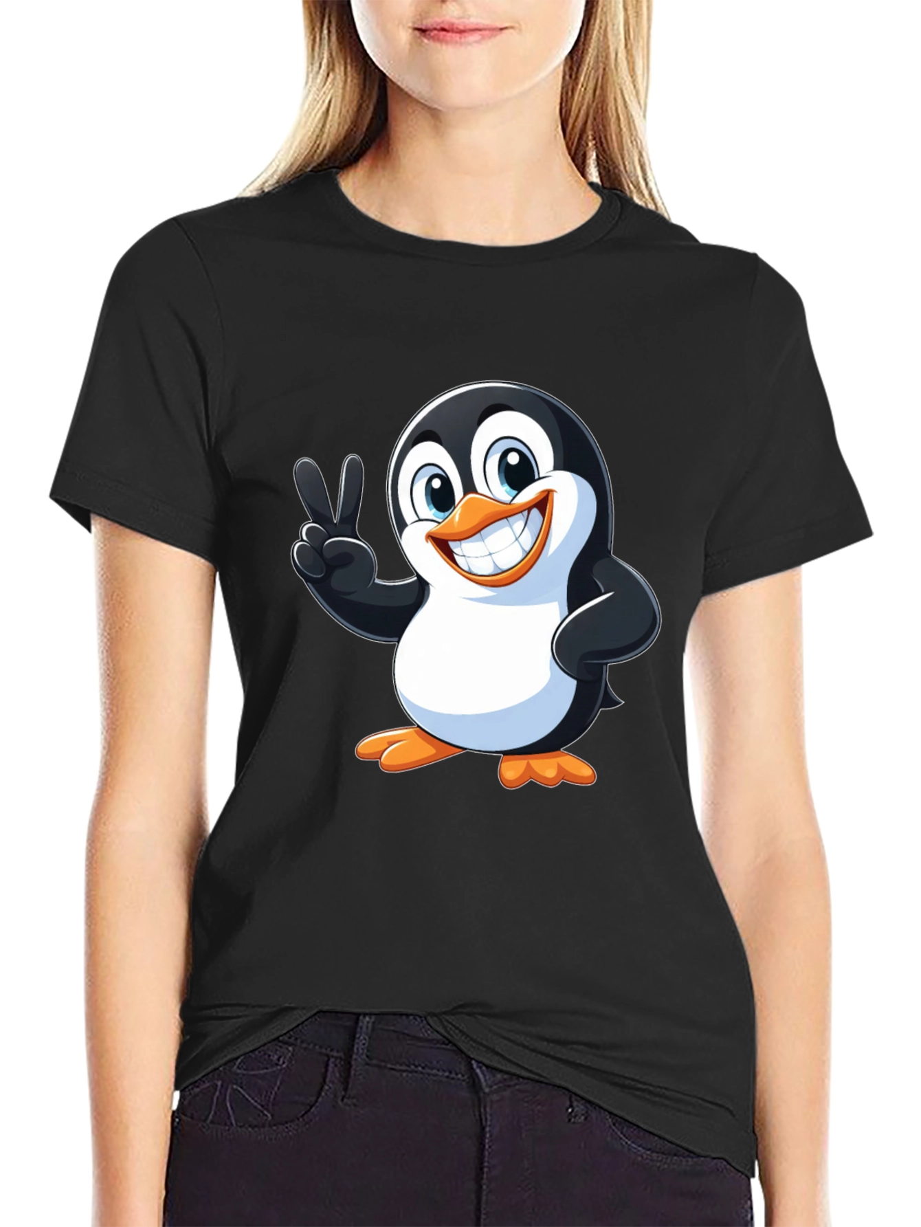 Black Cute Penguin Peace Sign Graphic T-Shirt view 2
