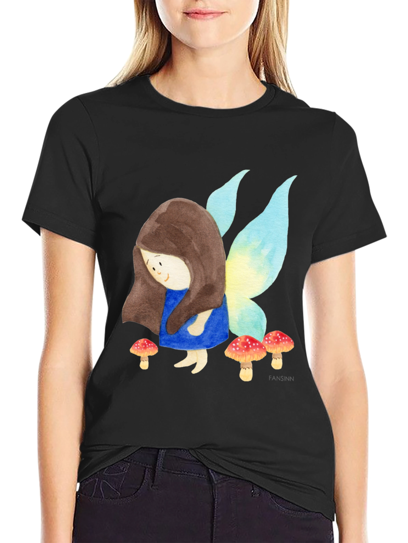 Black Fairy and Mushrooms Graphic T-Shirt view 2