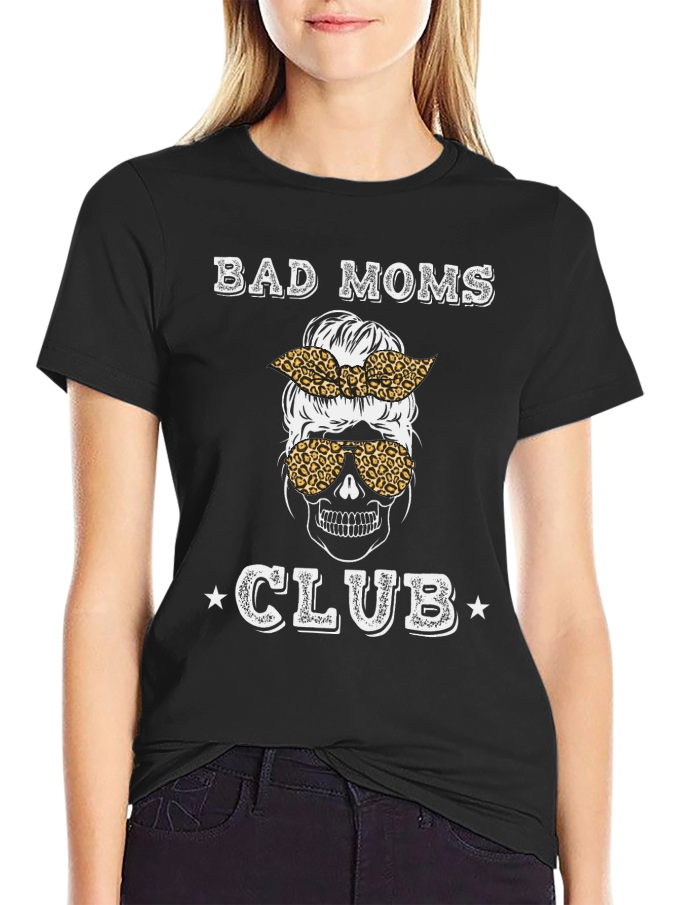 Black Bad Moms Club Graphic Tee - Skull Bandana T-Shirt view 2