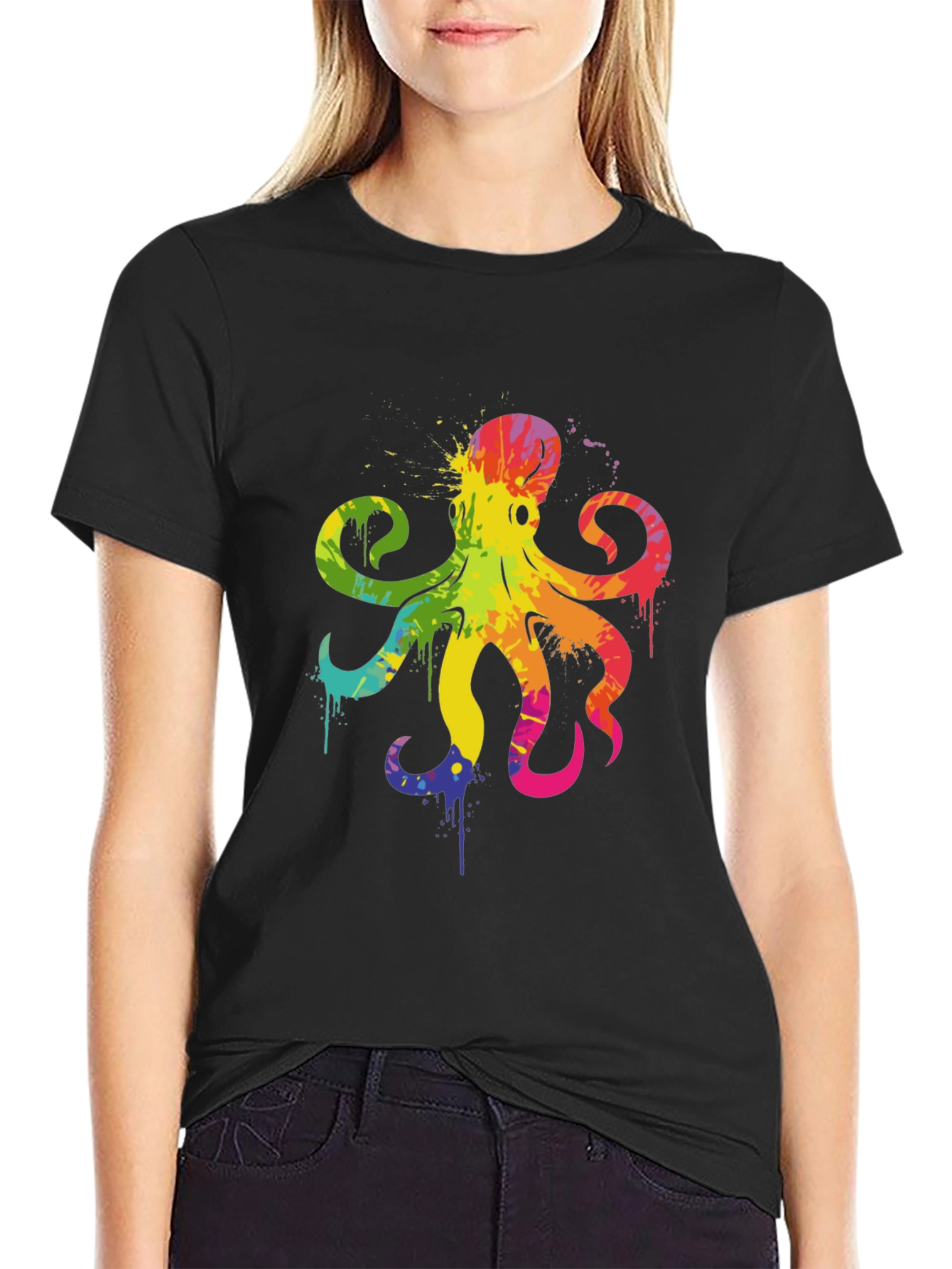 Black Rainbow Octopus Graphic T-Shirt - Men's Black Tee view 2