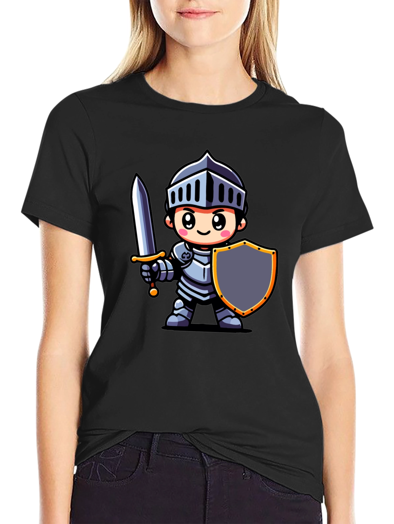 Black Cartoon Knight Graphic Tee - Black Cotton T-Shirt view 2