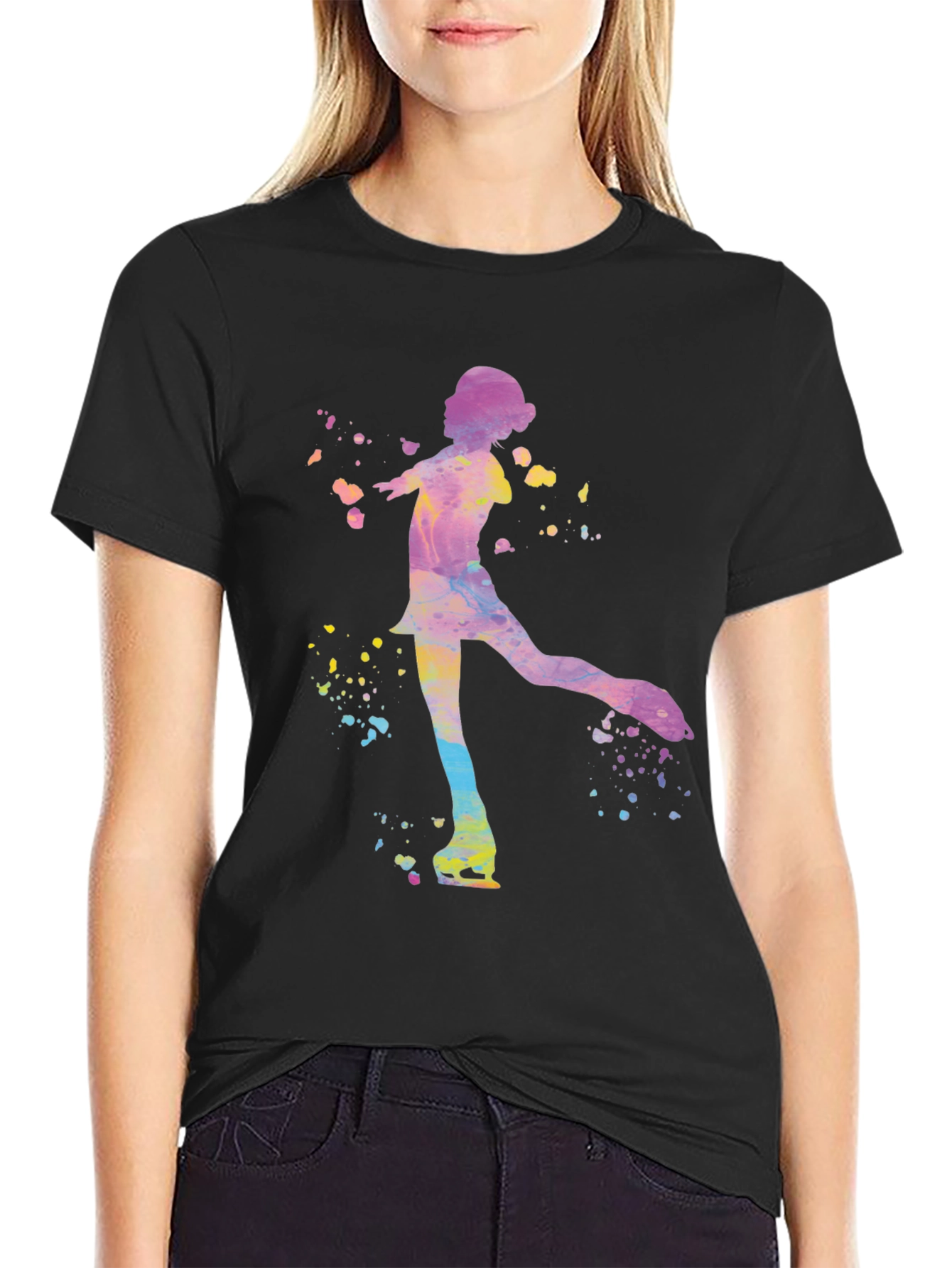 Black Watercolor Ice Skater Graphic Tee - Black Unisex T-Shirt view 2