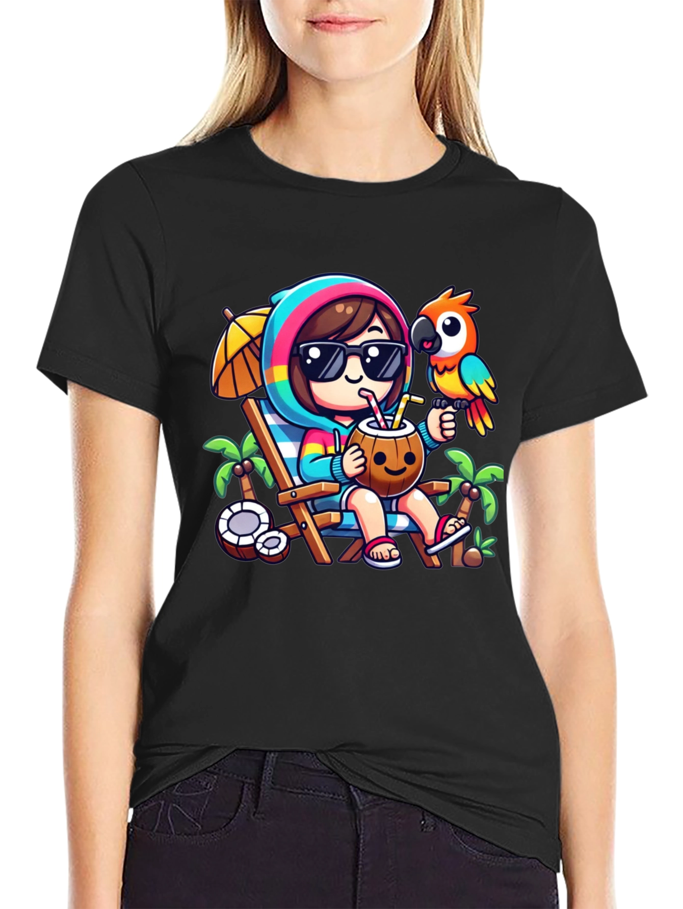 Black Tropical Vibes T-Shirt: Relaxing Beach Cartoon Tee view 2