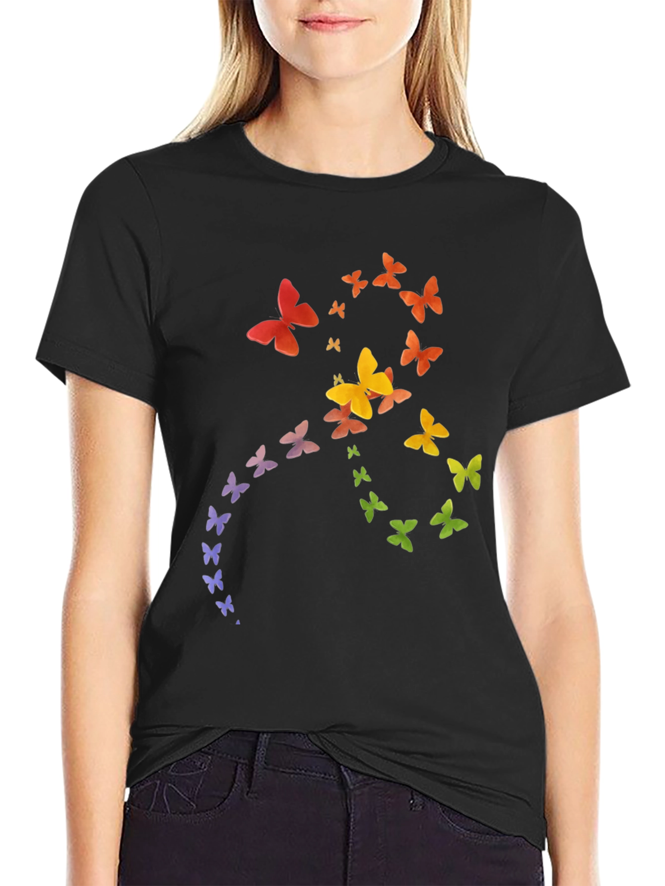Black Rainbow Butterfly Graphic Tee - Soft Cotton Casual Shirt view 2