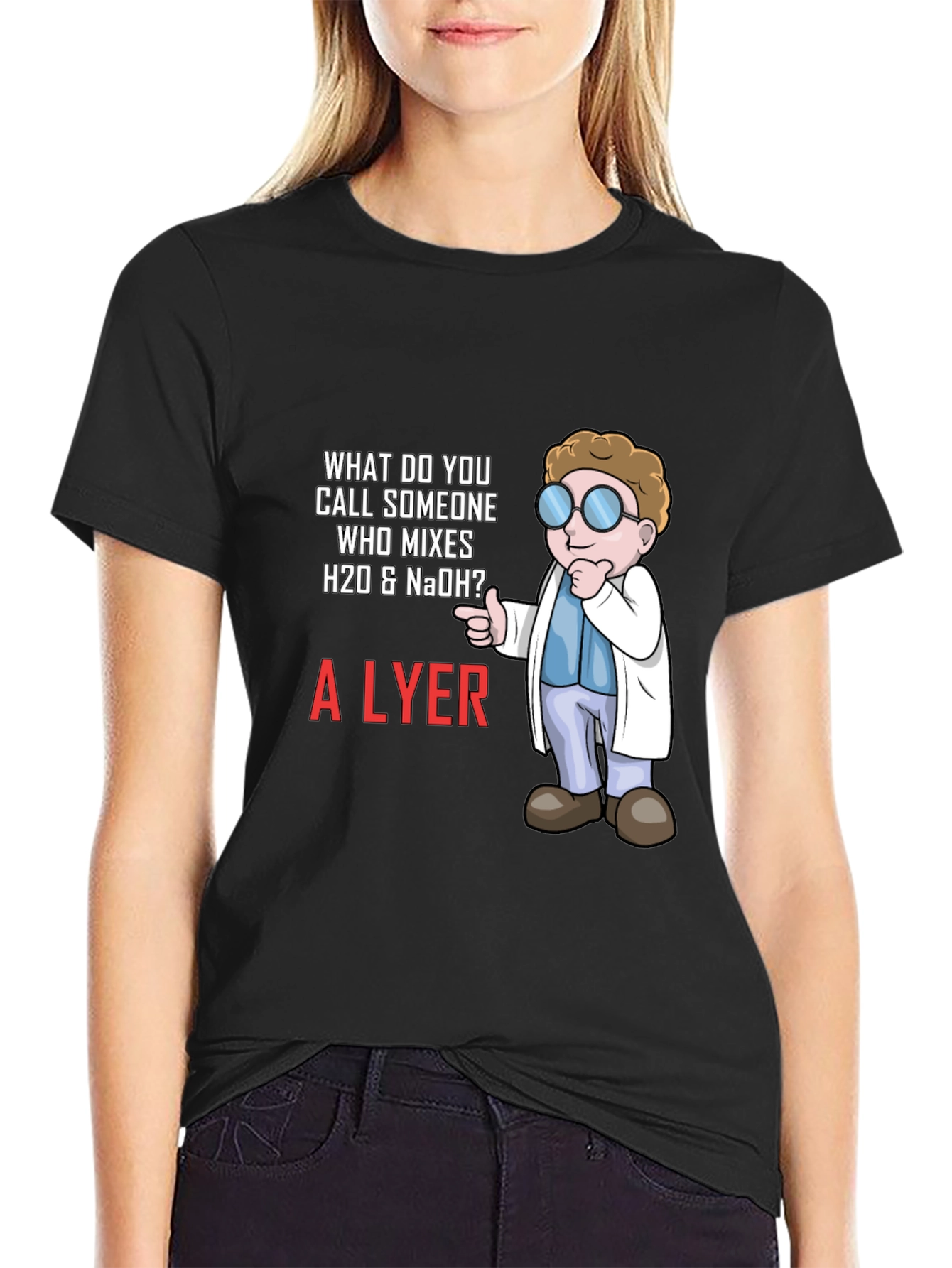Black Chemistry Humor T-Shirt - What Do You Call Someone Who Mixes H20 & NaOH? view 2