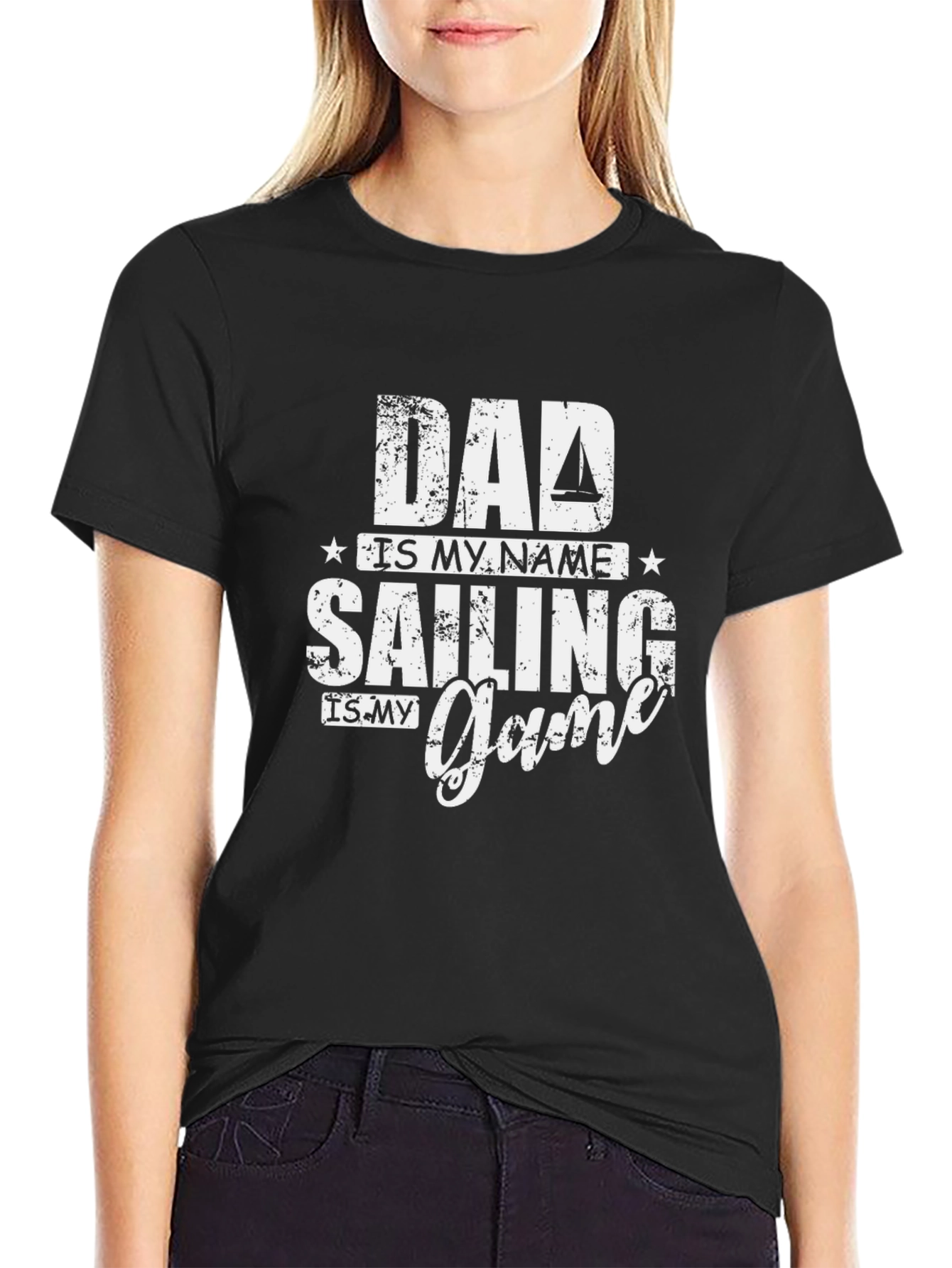 Black Dad Sailing Game T-Shirt - Black Crew Neck view 2