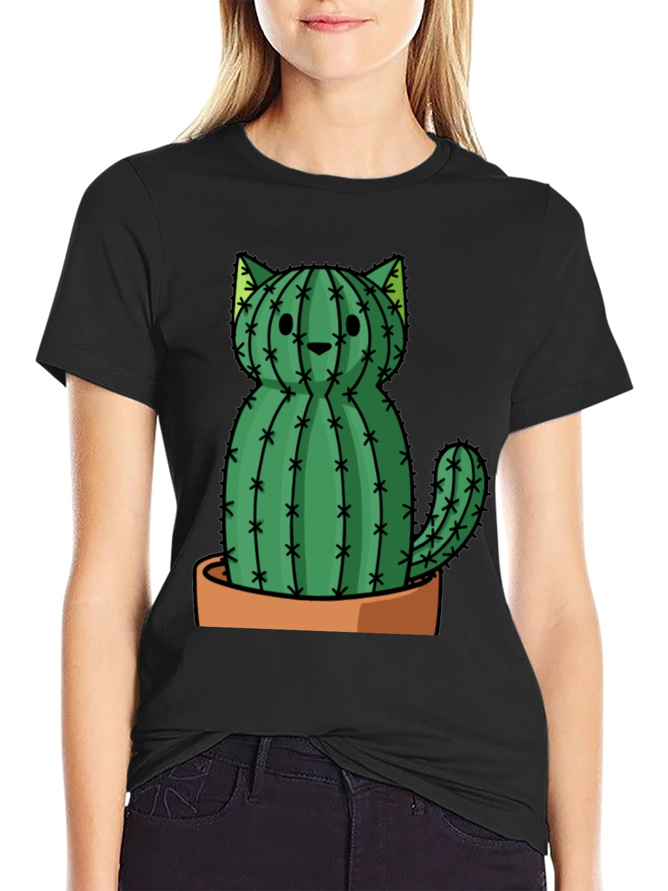 Black Cactus Cat Graphic Tee - Trendy Plant Lover Shirt view 2