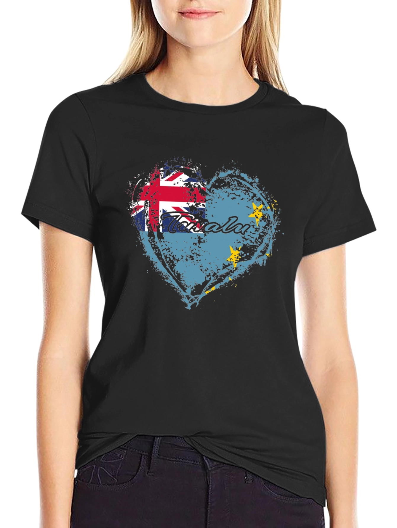 Black Tuvalu Flag Heart T-Shirt - Show Your Pride view 2