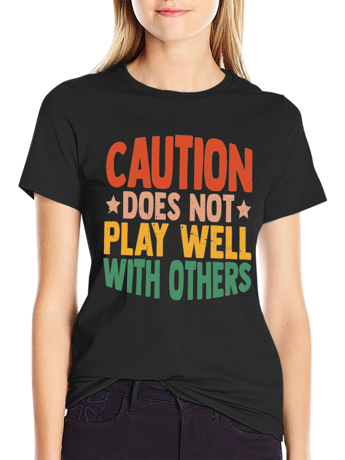 Black Caution: Does Not Play Well With Others T-Shirt view 2