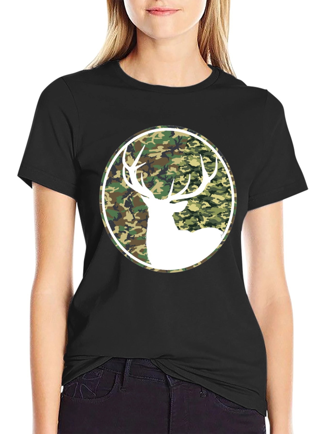 Black Camo Deer Graphic Tee - Black Cotton T-Shirt view 2
